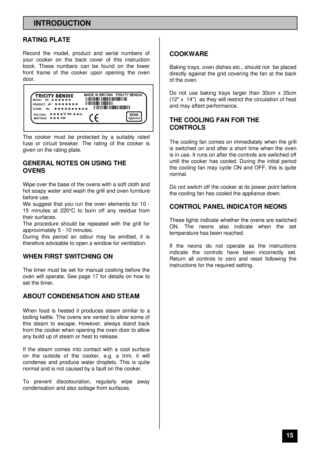 Tricity Bendix BD 913/2 Rating Plate, General Notes on Using the Ovens, When First Switching on, Cookware 