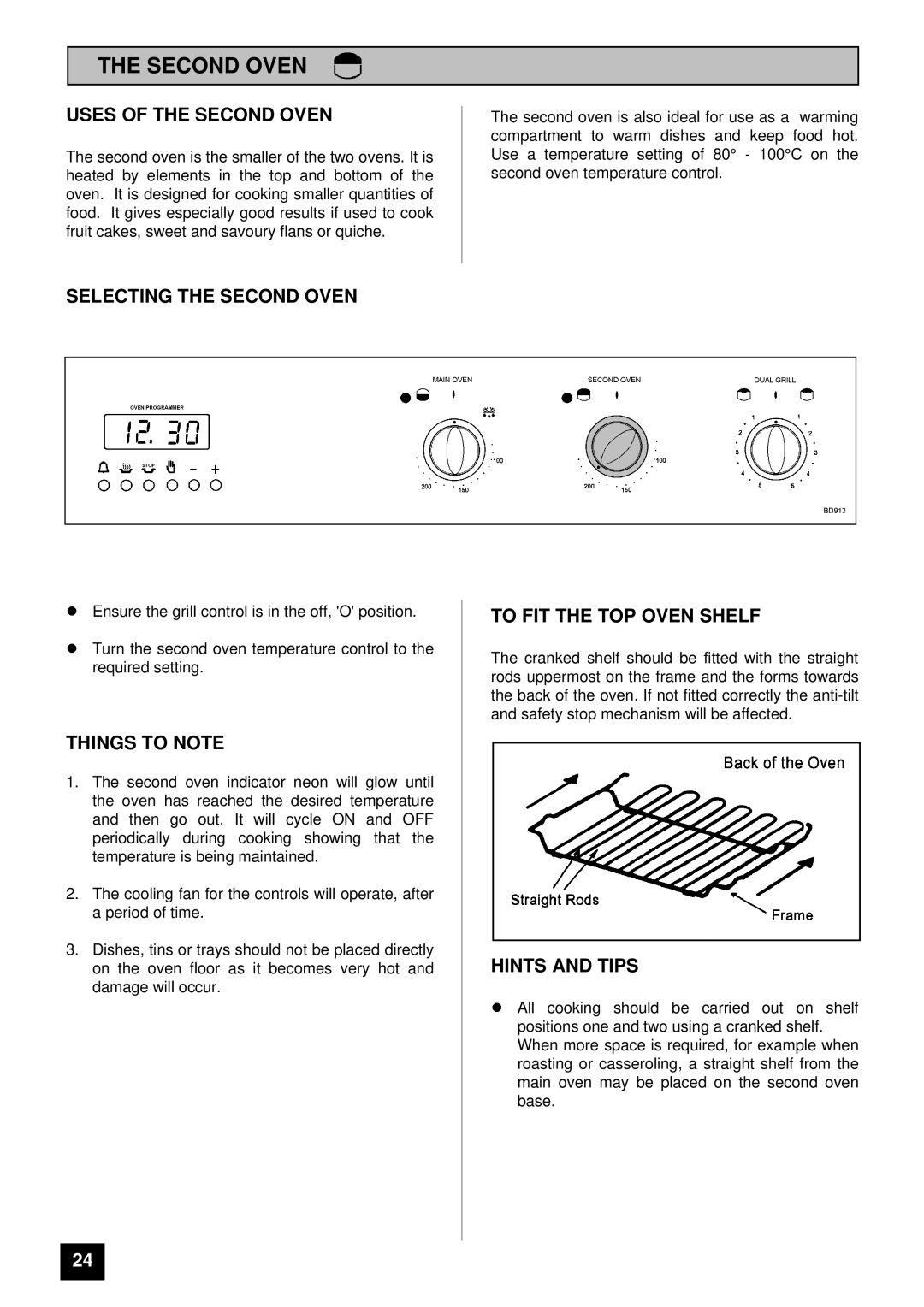 Tricity Bendix BD 913/2 Uses of the Second Oven, Selecting the Second Oven, To FIT the TOP Oven Shelf 