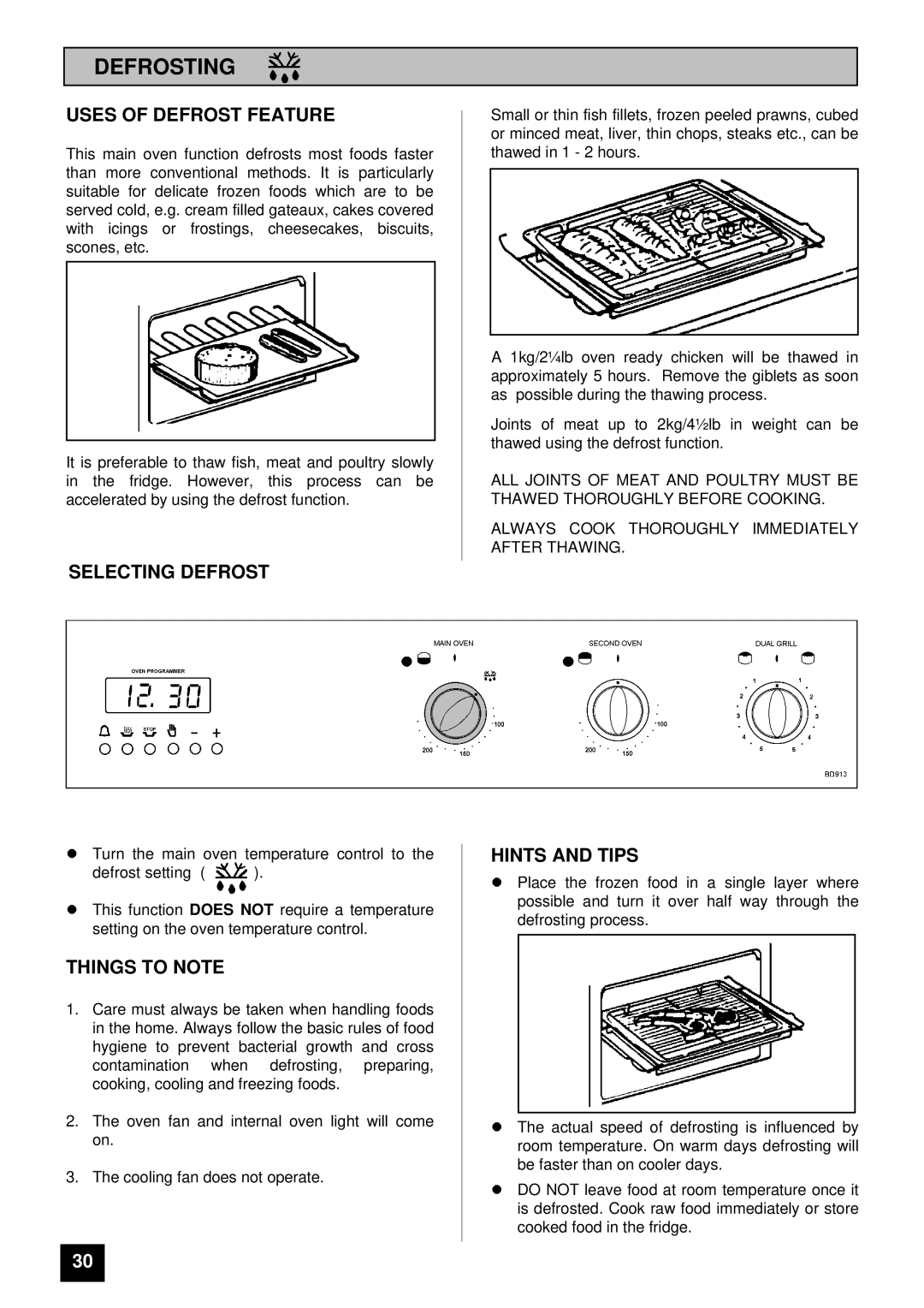 Tricity Bendix BD 913/2 installation instructions Defrosting, Uses of Defrost Feature, Selecting Defrost, Hints and Tips 