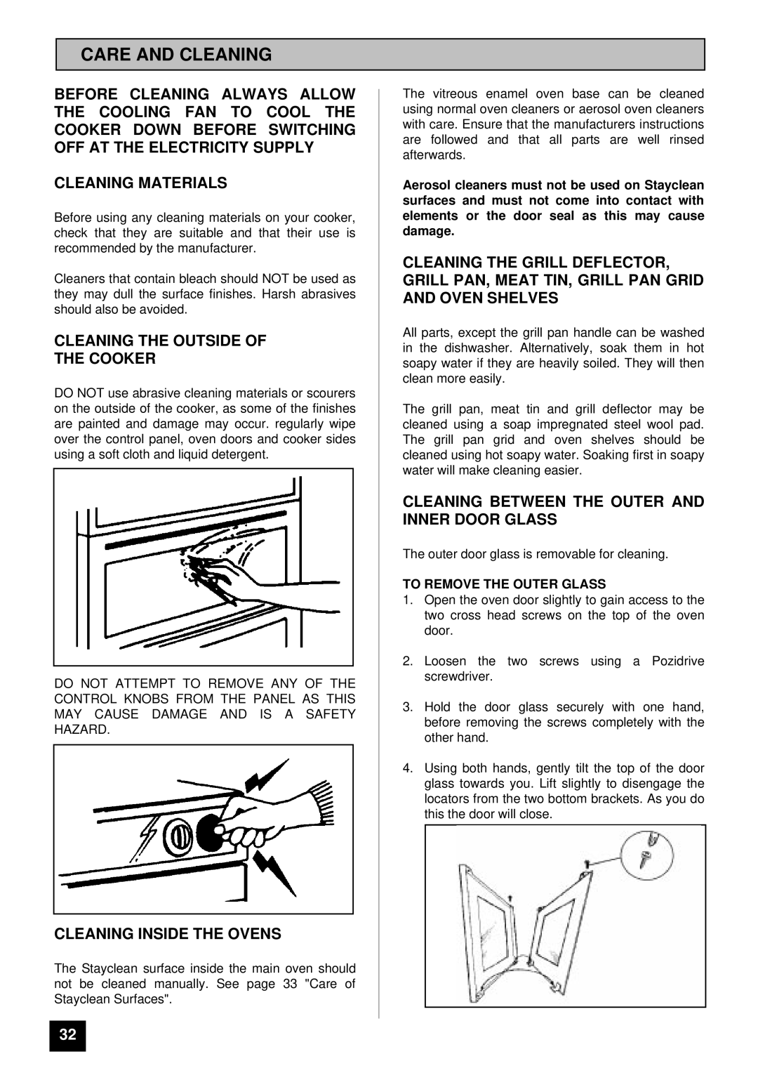 Tricity Bendix BD 913/2 installation instructions Care and Cleaning, Cleaning the Outside Cooker, Cleaning Inside the Ovens 