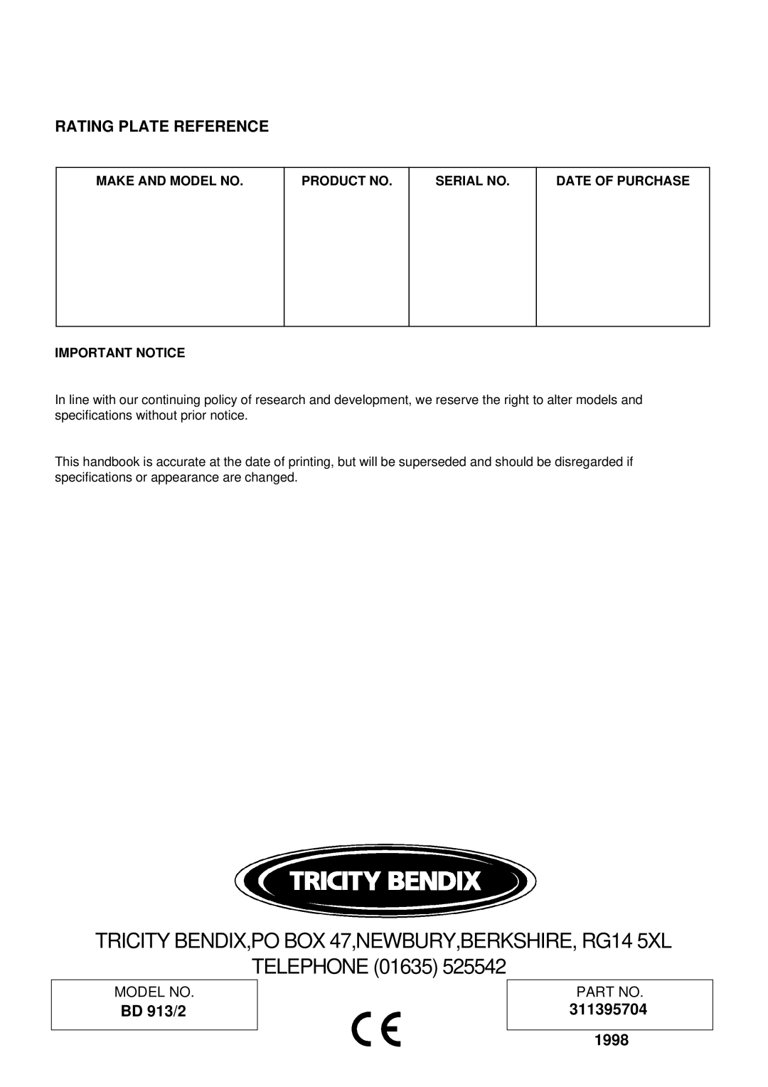 Tricity Bendix BD 913/2 installation instructions Rating Plate Reference 