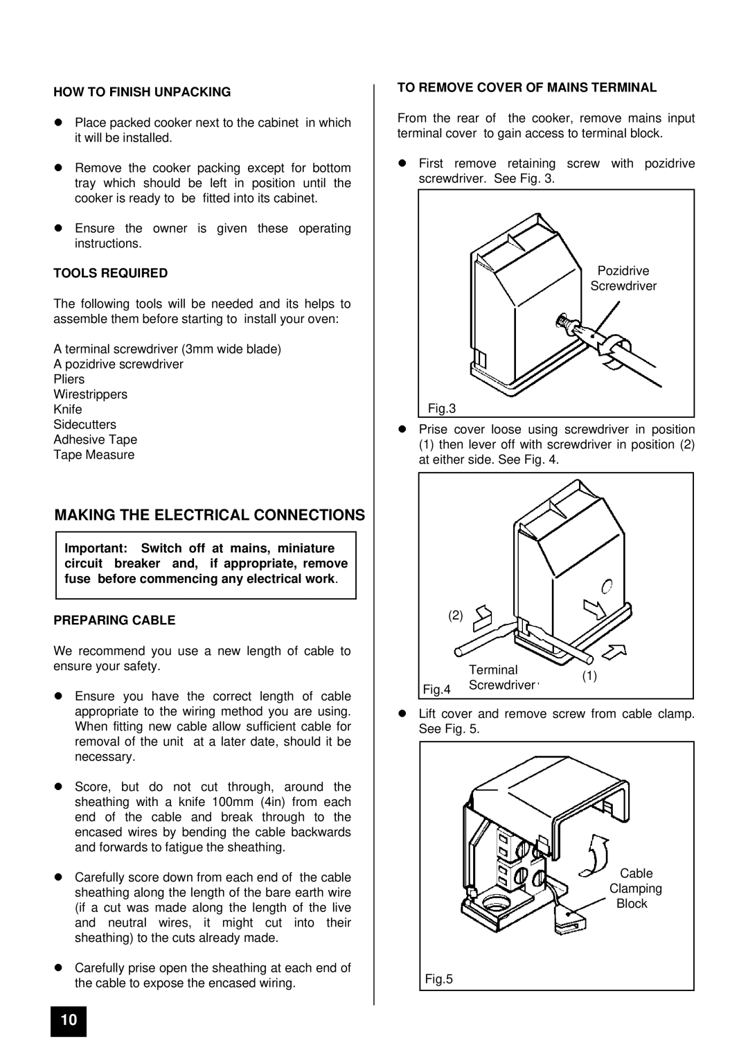 Tricity Bendix BD 921 Making the Electrical Connections, HOW to Finish Unpacking, Tools Required, Preparing Cable 