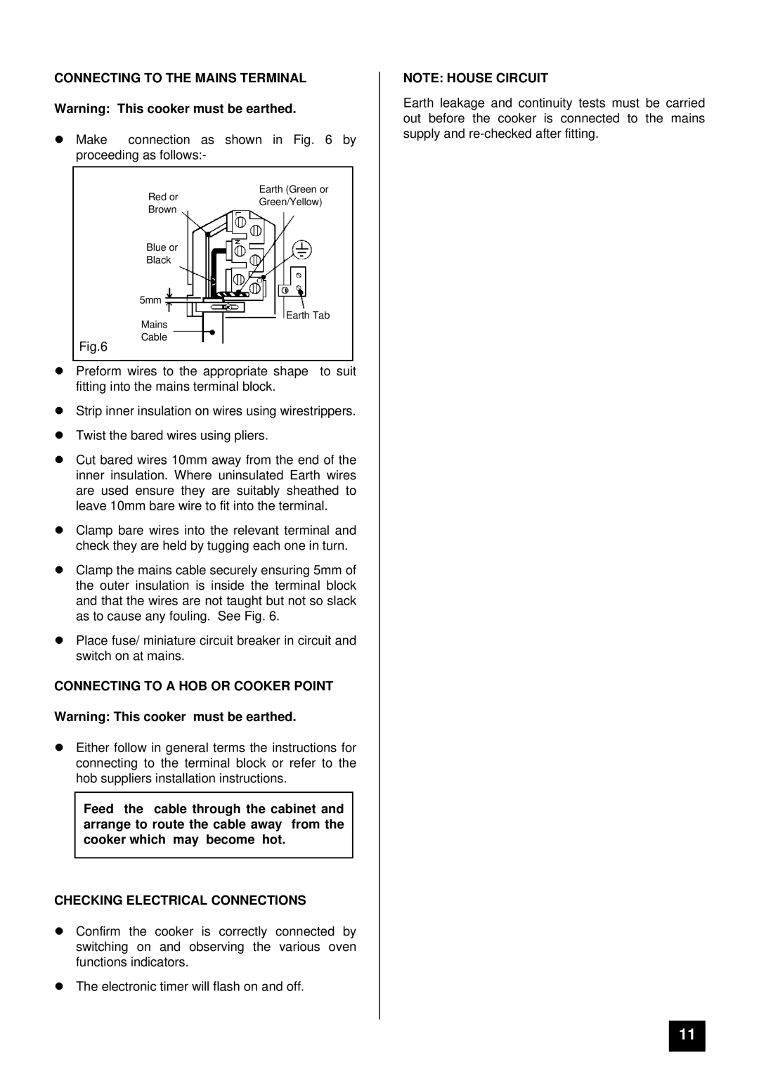 Tricity Bendix BD 921 installation instructions Connecting to the Mains Terminal, Connecting to a HOB or Cooker Point 