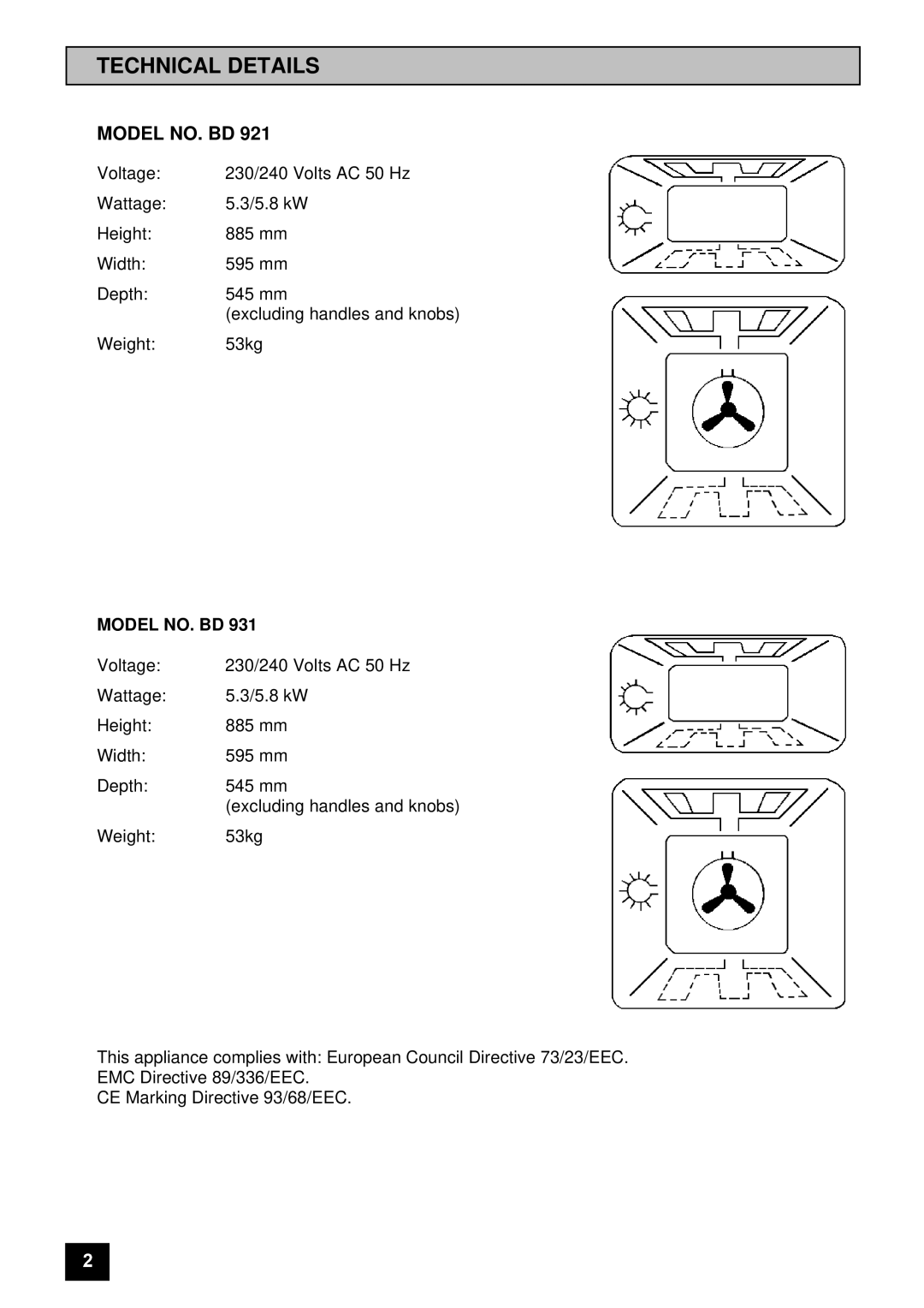 Tricity Bendix BD 921 installation instructions Technical Details, Model NO. BD 