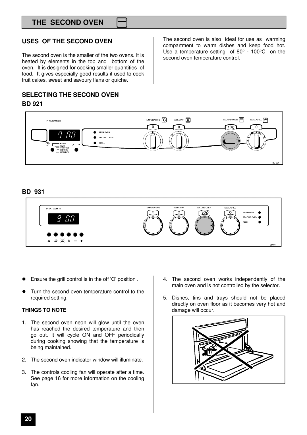 Tricity Bendix BD 921 installation instructions Uses of the Second Oven, Selecting the Second Oven BD, Things to Note 