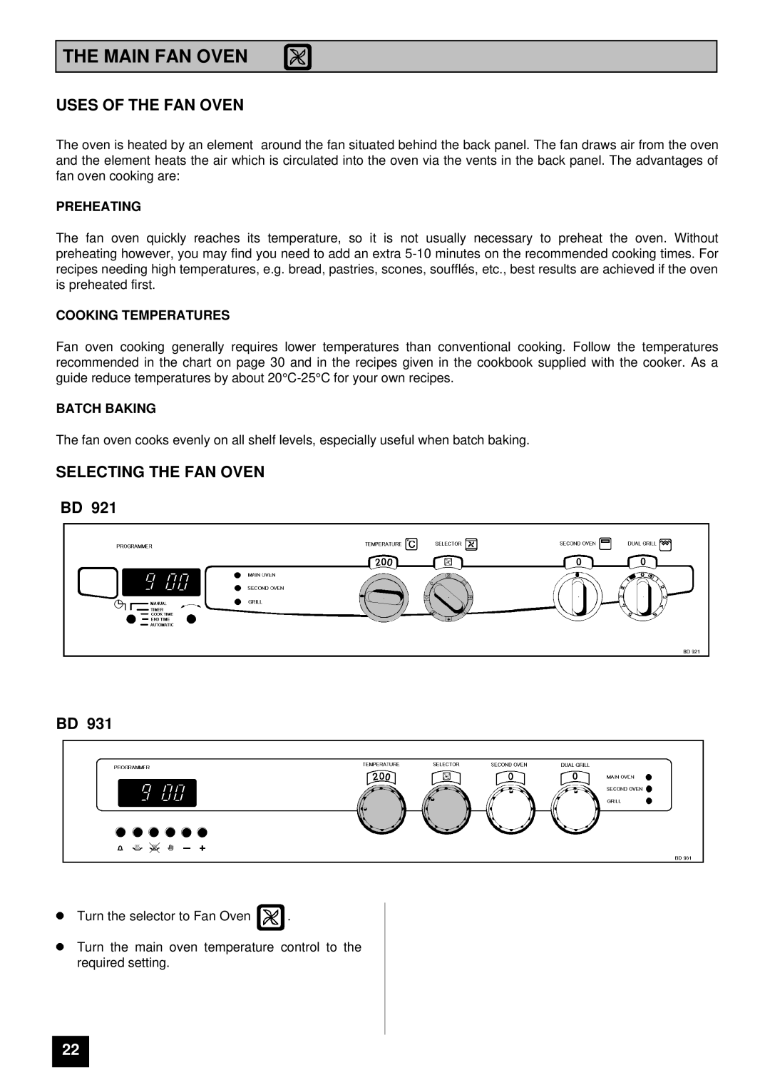 Tricity Bendix BD 921 installation instructions Main FAN Oven, Uses of the FAN Oven, Selecting the FAN Oven 