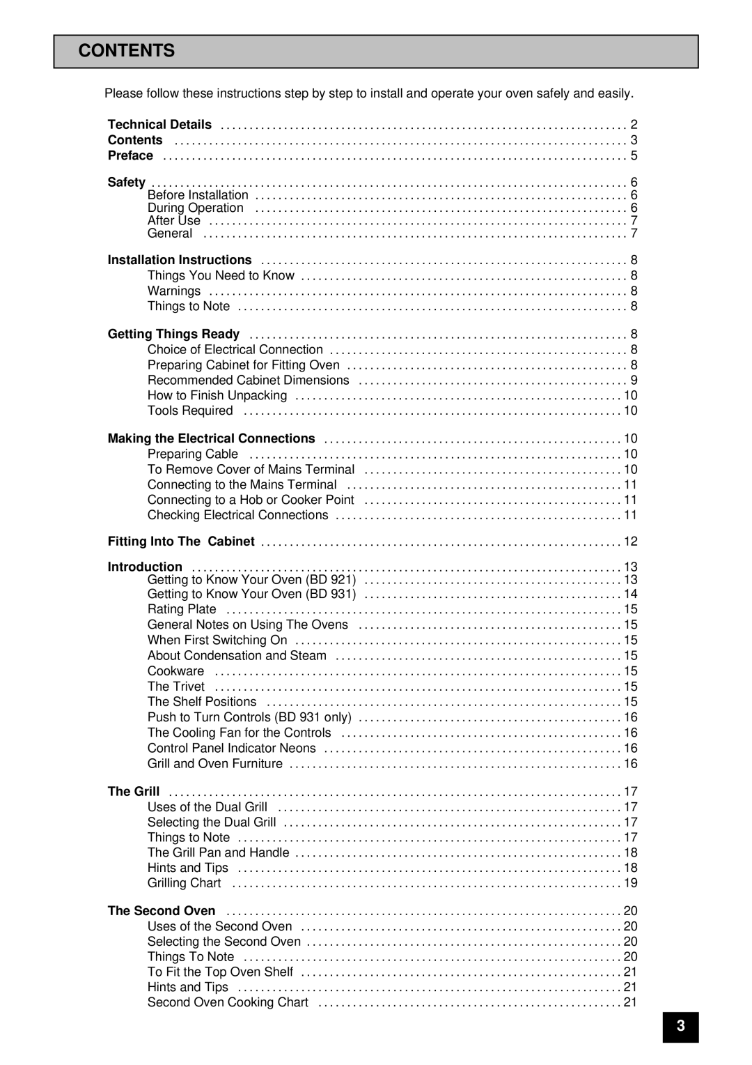 Tricity Bendix BD 921 installation instructions Contents 