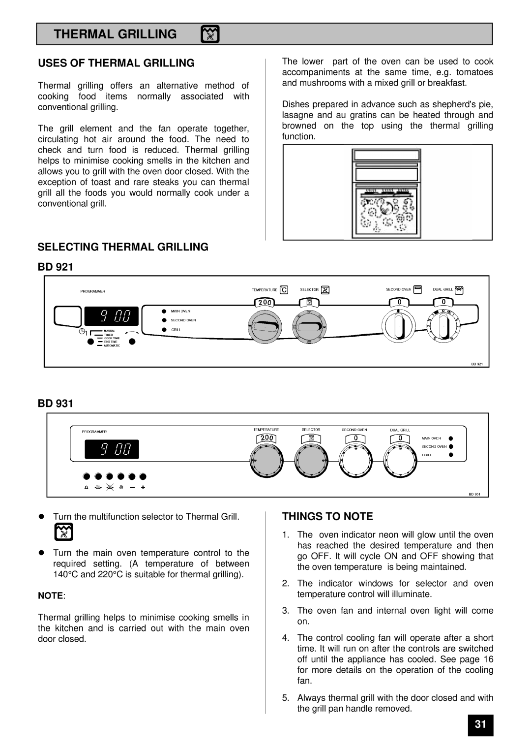 Tricity Bendix BD 921 installation instructions Uses of Thermal Grilling, Selecting Thermal Grilling BD 