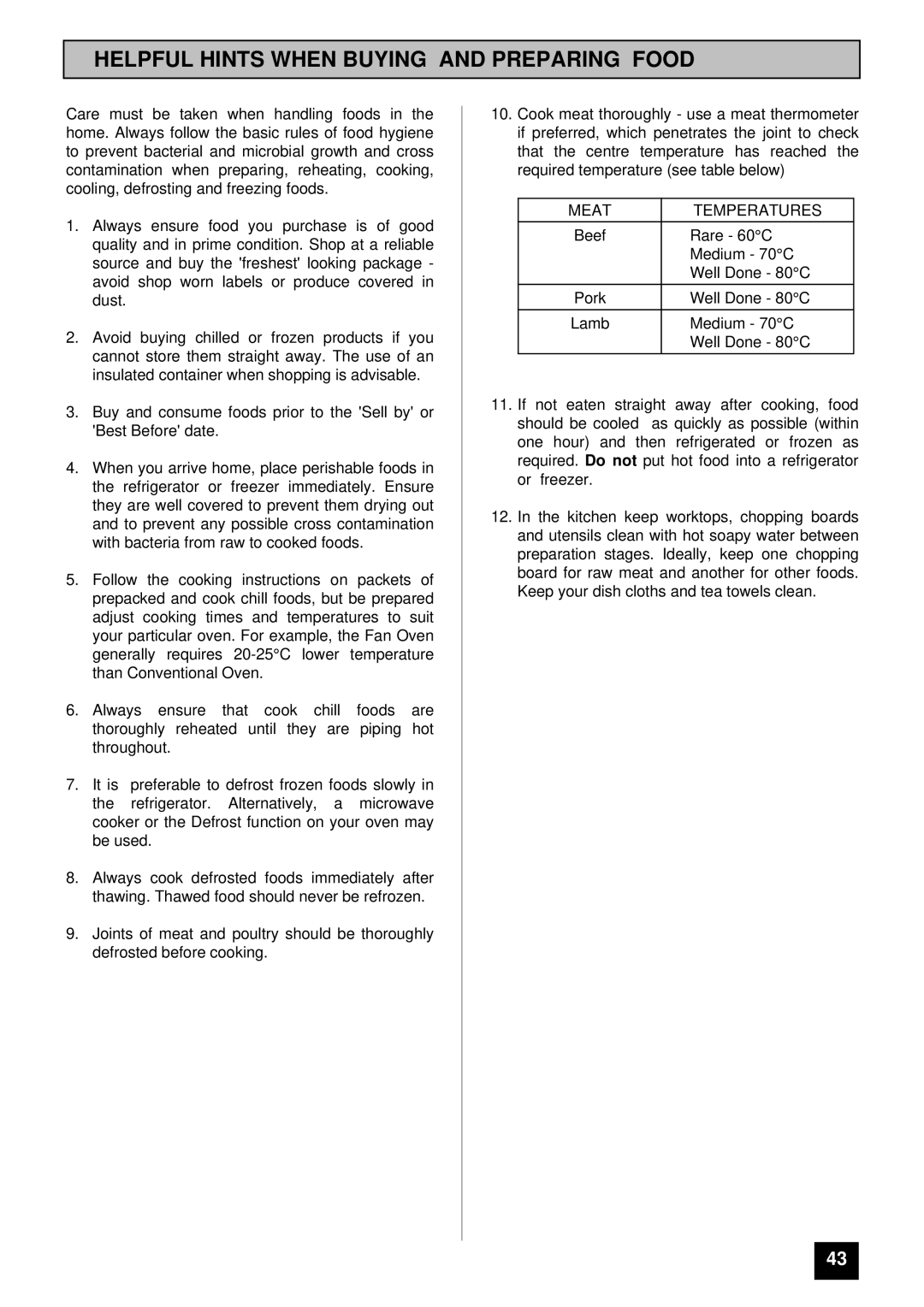 Tricity Bendix BD 921 installation instructions Helpful Hints When Buying and Preparing Food, Meat Temperatures 