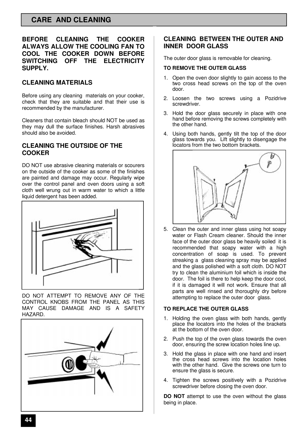 Tricity Bendix BD 921 Care and Cleaning, Cleaning the Outside of the Cooker, To Remove the Outer Glass 