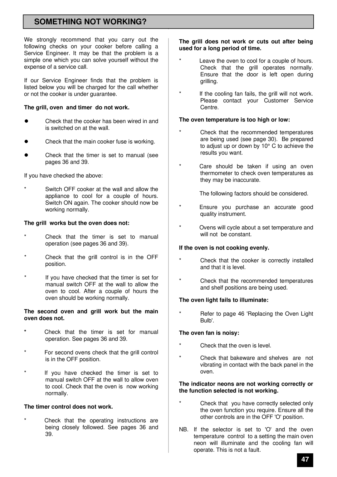 Tricity Bendix BD 921 installation instructions Something not WORKING?, Grill, oven and timer do not work 