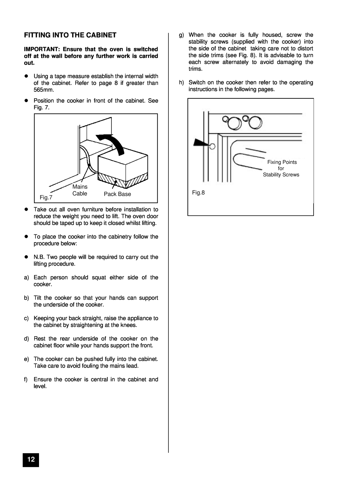 Tricity Bendix BD 921 installation instructions Fitting Into The Cabinet 