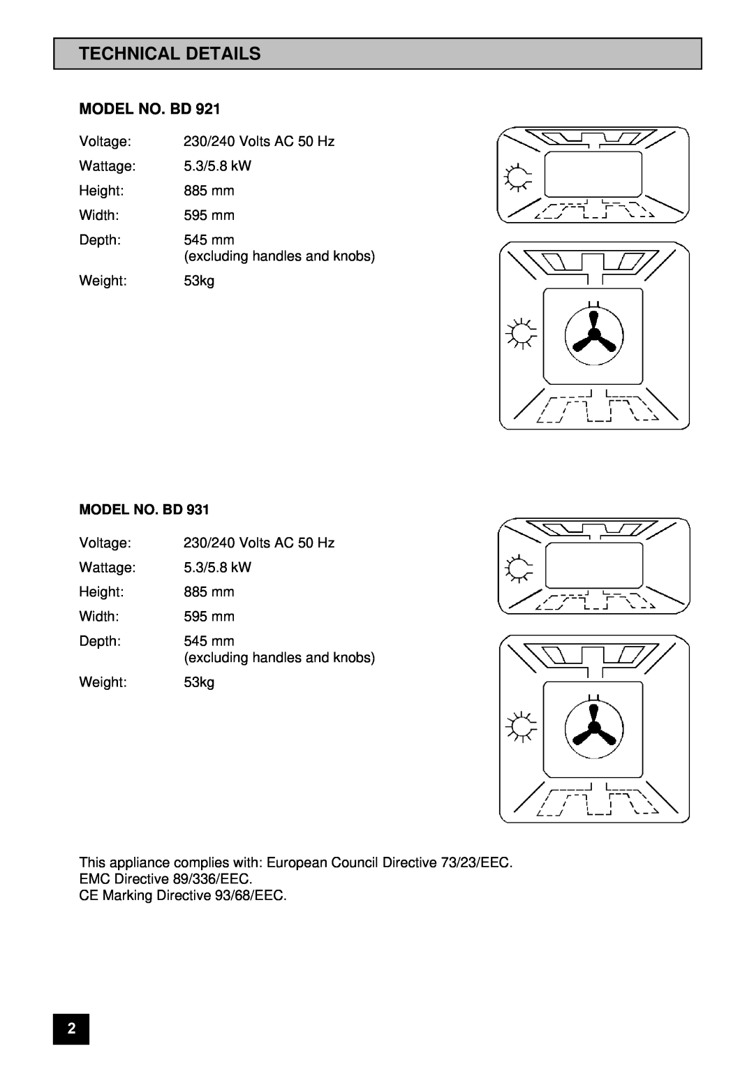Tricity Bendix BD 921 installation instructions Technical Details, Model No. Bd 