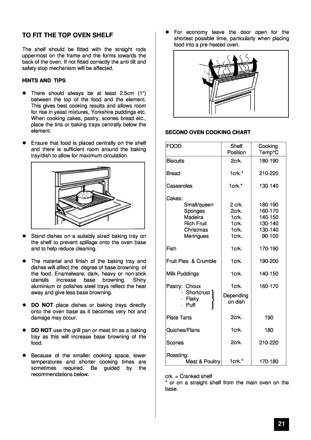 Tricity Bendix BD 921 installation instructions To Fit The Top Oven Shelf, lHINTS AND TIPS, Second Oven Cooking Chart 