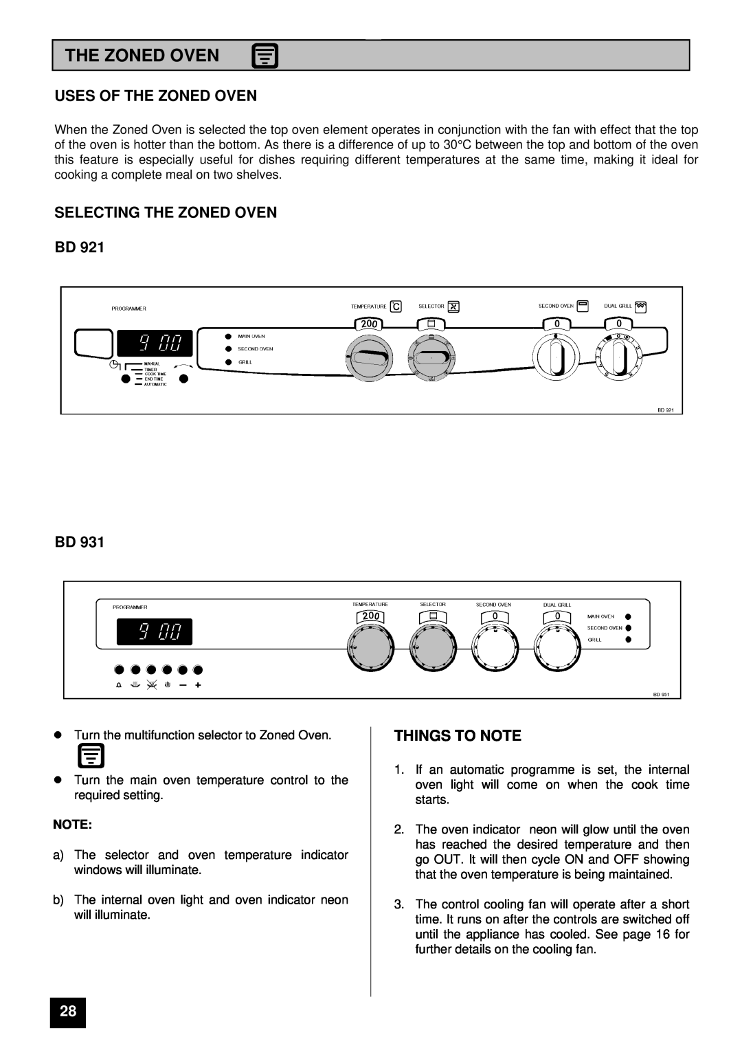 Tricity Bendix BD 921 installation instructions Uses Of The Zoned Oven, Selecting The Zoned Oven Bd Bd, Things To Note 