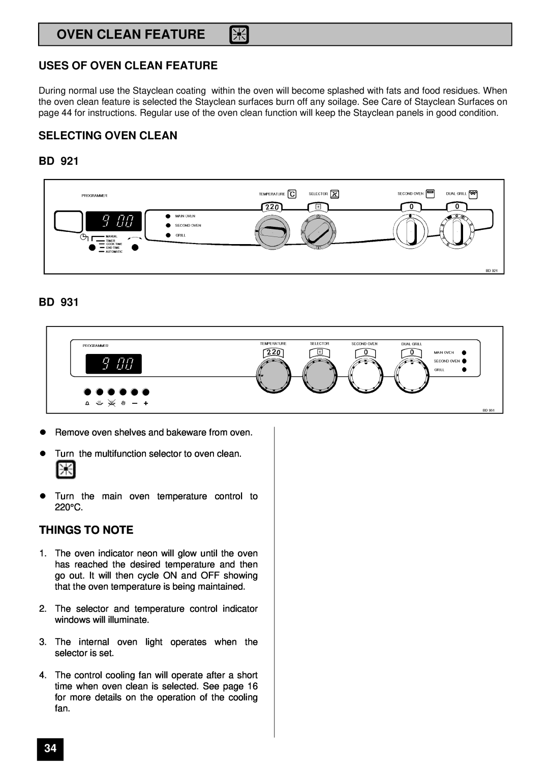 Tricity Bendix BD 921 installation instructions Uses Of Oven Clean Feature, Selecting Oven Clean Bd Bd, Things To Note 
