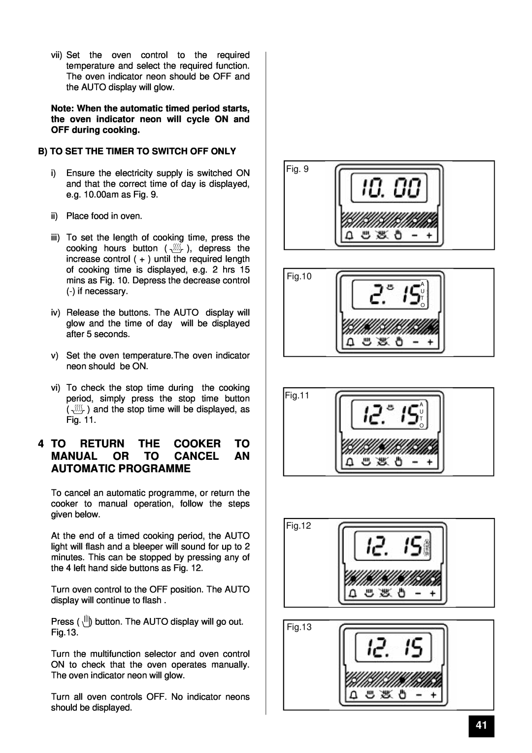 Tricity Bendix BD 921 installation instructions To Return The Cooker To Manual Or To Cancel An Automatic Programme 