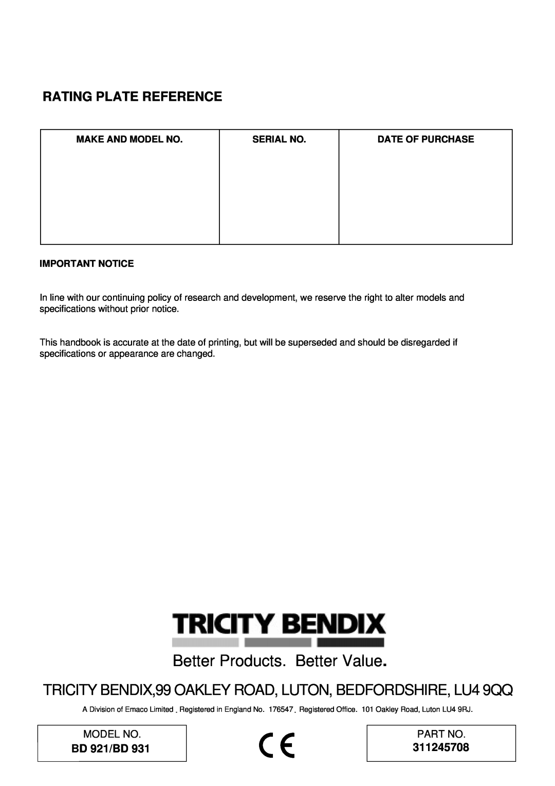 Tricity Bendix Rating Plate Reference, 311245708, Better Products. Better Value, BD 921/BD, Make And Model No 