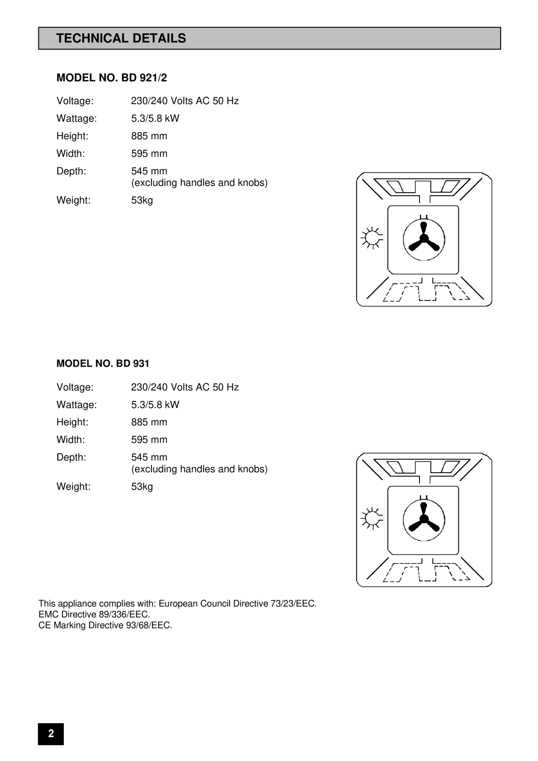 Tricity Bendix BD 931 installation instructions Technical Details, Model NO. BD 921/2 