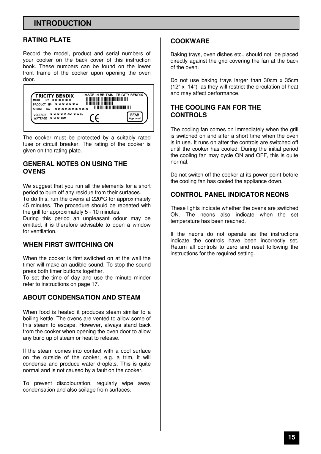 Tricity Bendix BD 985 Rating Plate, General Notes on Using the Ovens, When First Switching on, Cookware 