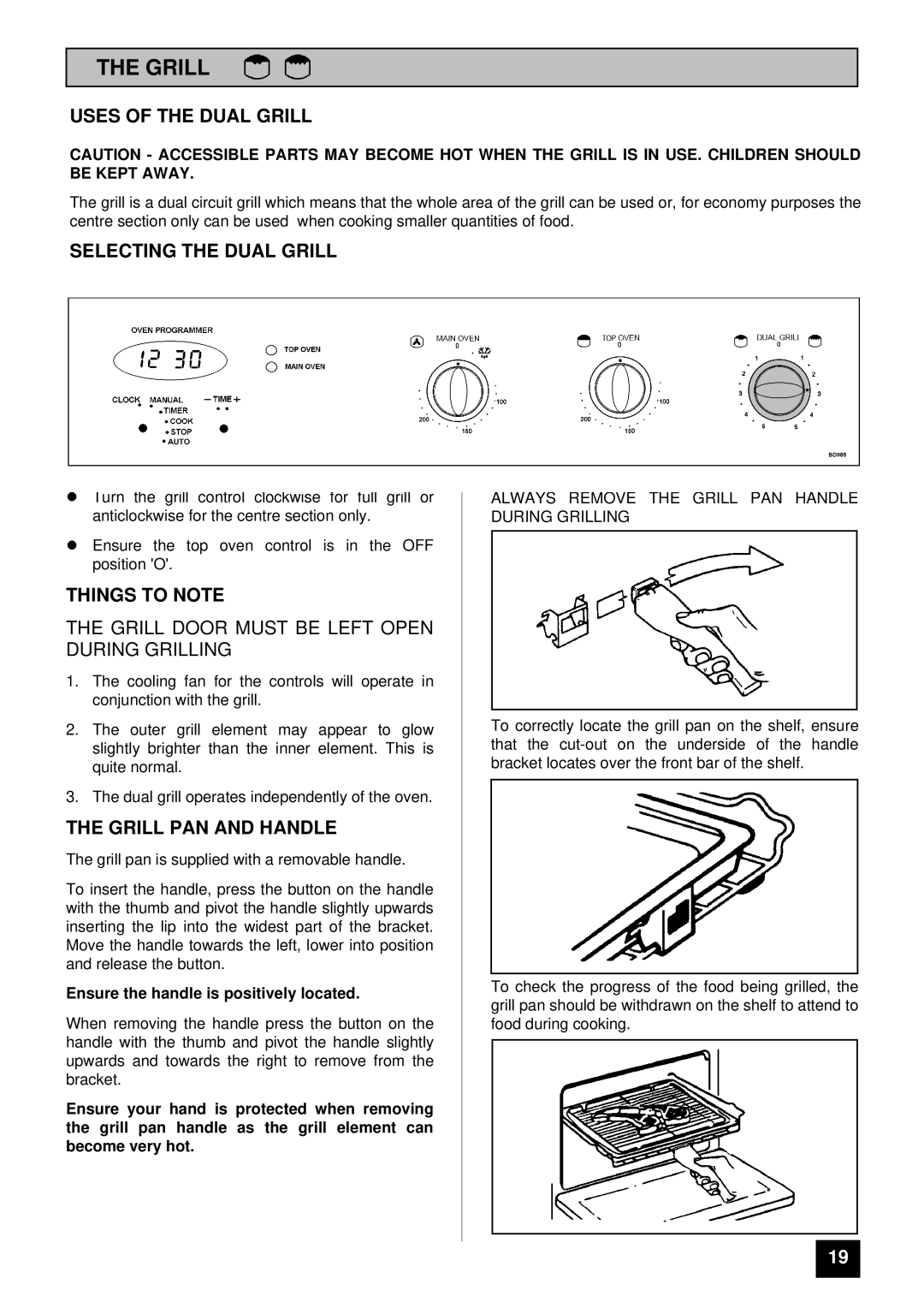 Tricity Bendix BD 985 Uses of the Dual Grill, Selecting the Dual Grill, Things to Note, Grill PAN and Handle 