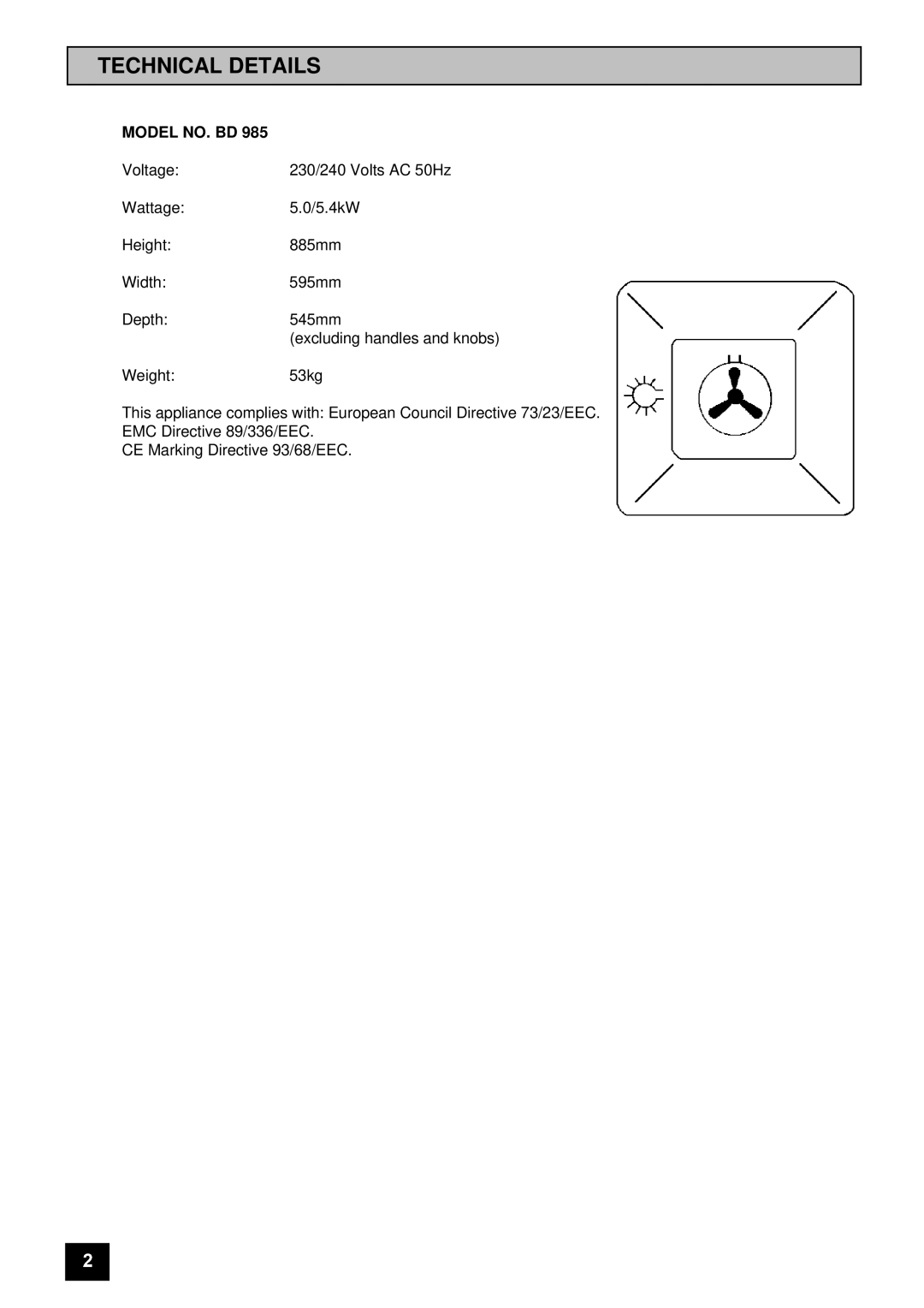 Tricity Bendix BD 985 installation instructions Technical Details, Model NO. BD 