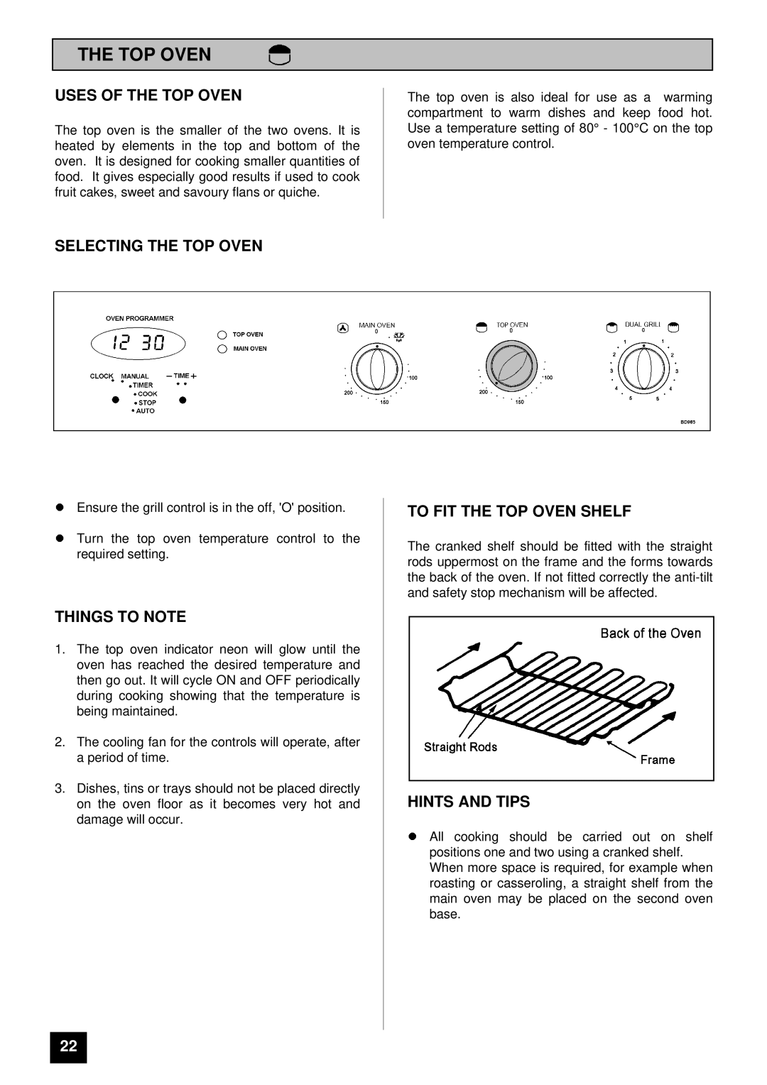 Tricity Bendix BD 985 installation instructions Uses of the TOP Oven, Selecting the TOP Oven, To FIT the TOP Oven Shelf 