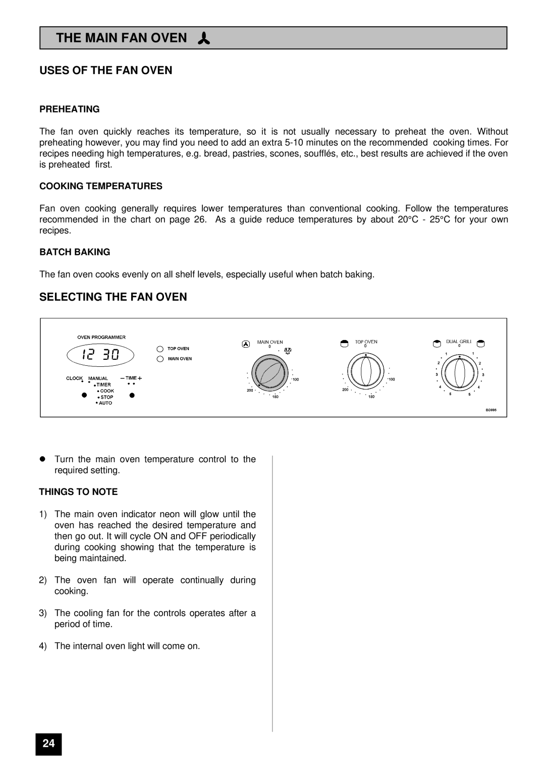 Tricity Bendix BD 985 installation instructions Main FAN Oven, Uses of the FAN Oven, Selecting the FAN Oven 