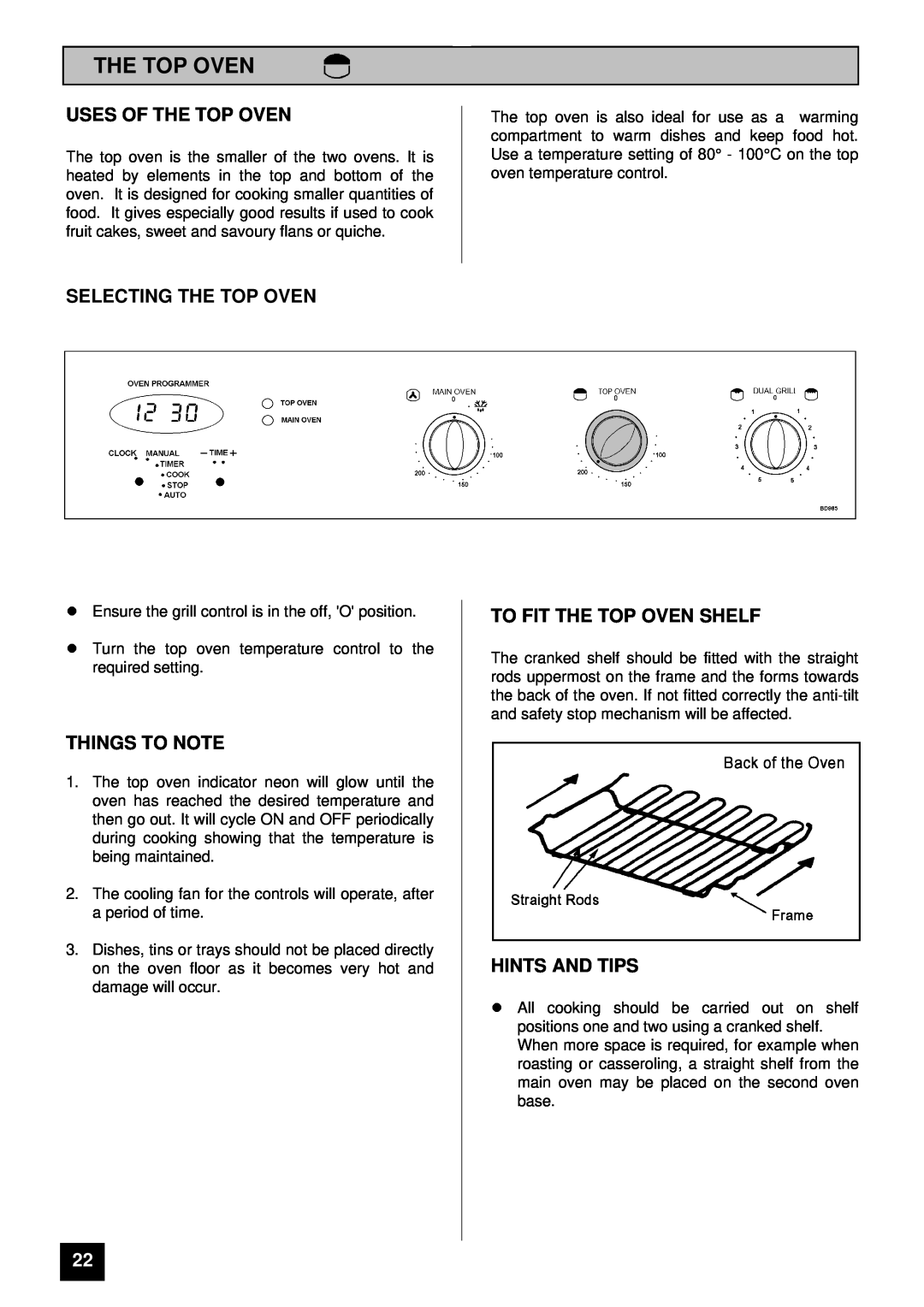 Tricity Bendix BD 985 Uses Of The Top Oven, Selecting The Top Oven, To Fit The Top Oven Shelf, Things To Note 