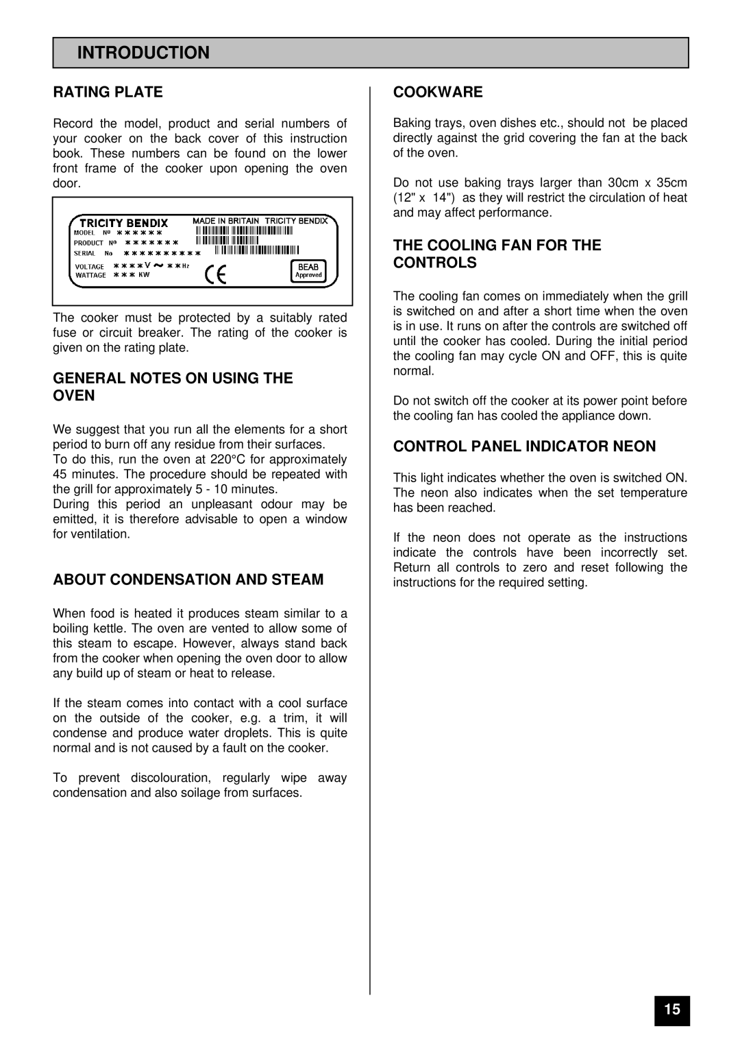 Tricity Bendix BD900 Rating Plate, General Notes on Using the Oven, About Condensation and Steam, Cookware 