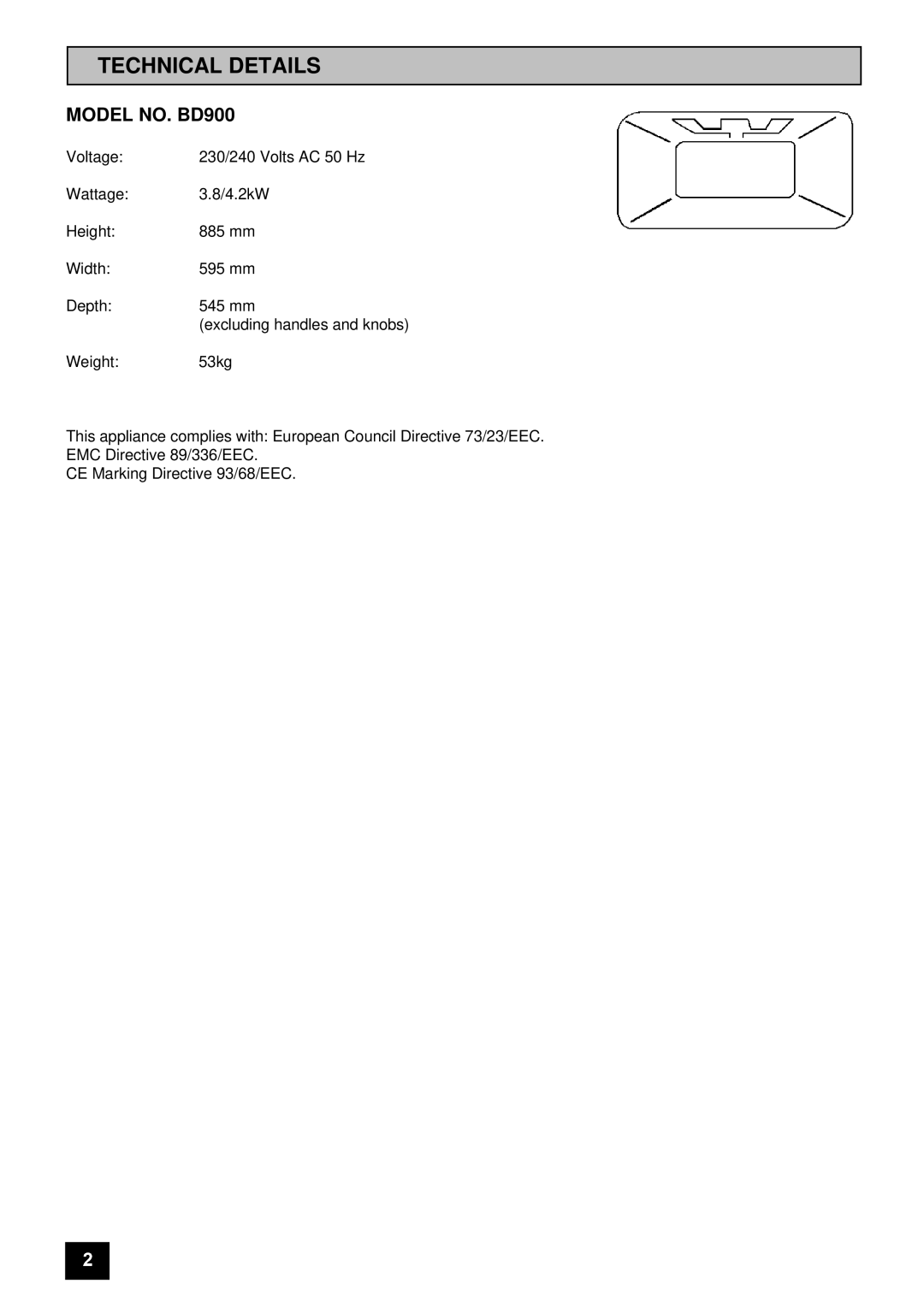 Tricity Bendix installation instructions Technical Details, Model NO. BD900 