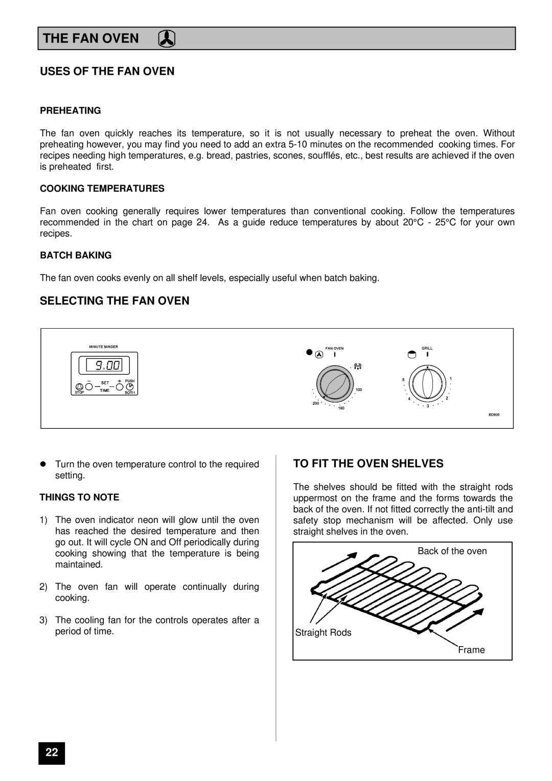 Tricity Bendix BD900 installation instructions Uses of the FAN Oven, Selecting the FAN Oven, To FIT the Oven Shelves 