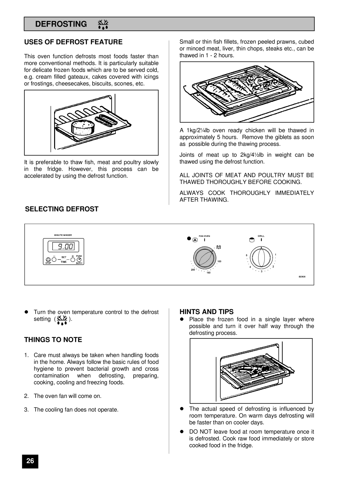 Tricity Bendix BD900 installation instructions Defrosting, Uses of Defrost Feature, Selecting Defrost, Hints and Tips 