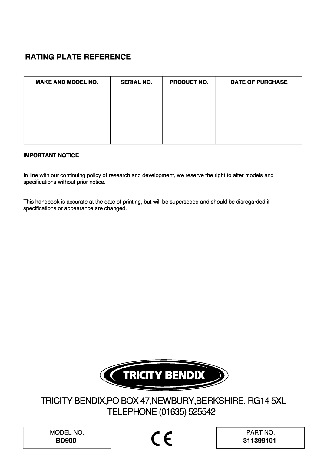 Tricity Bendix BD900 Rating Plate Reference, 311399101, Telephone, Make And Model No, Serial No, Product No 