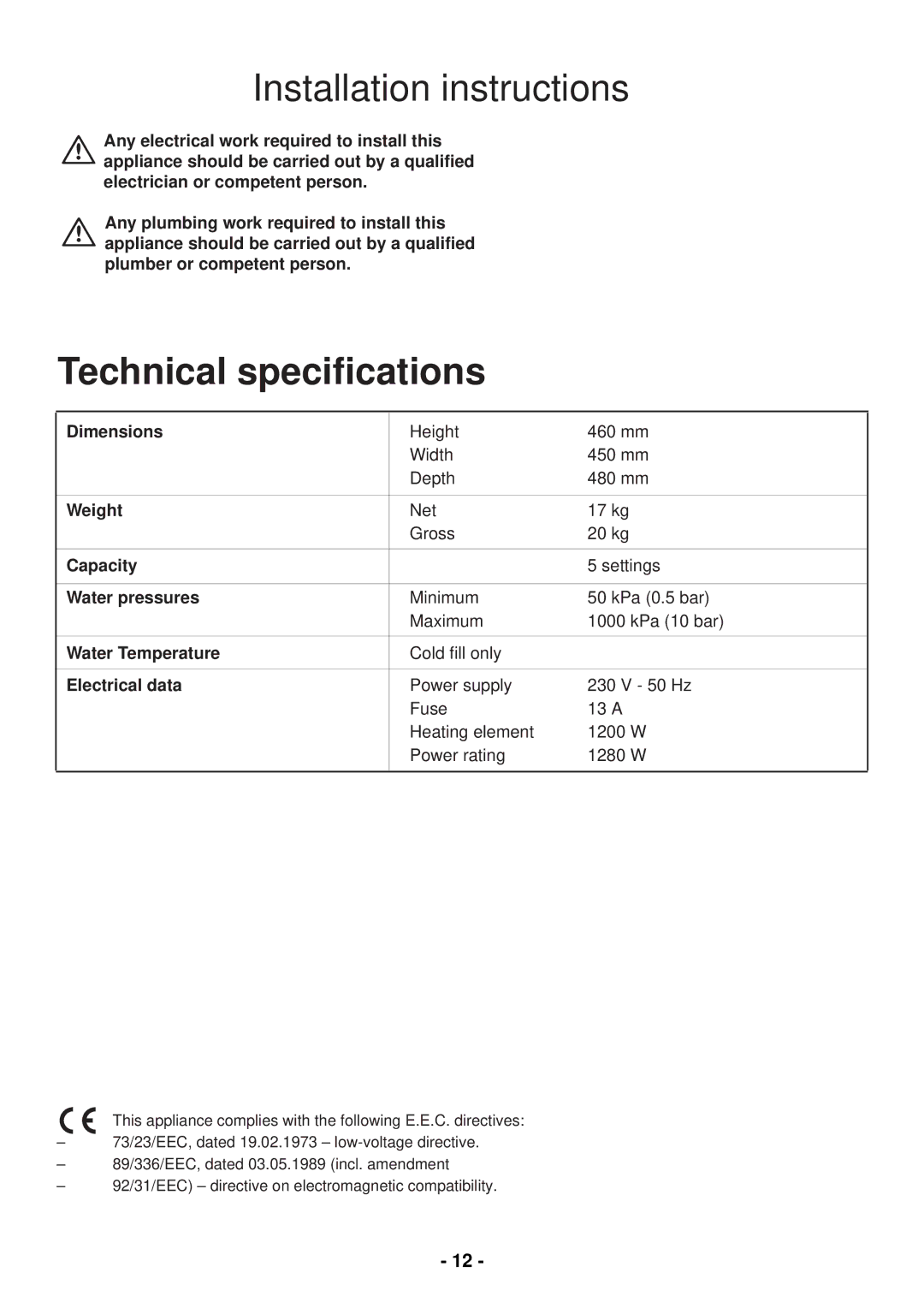 Tricity Bendix BDW 10 manual Installation instructions, Technical speciﬁcations 