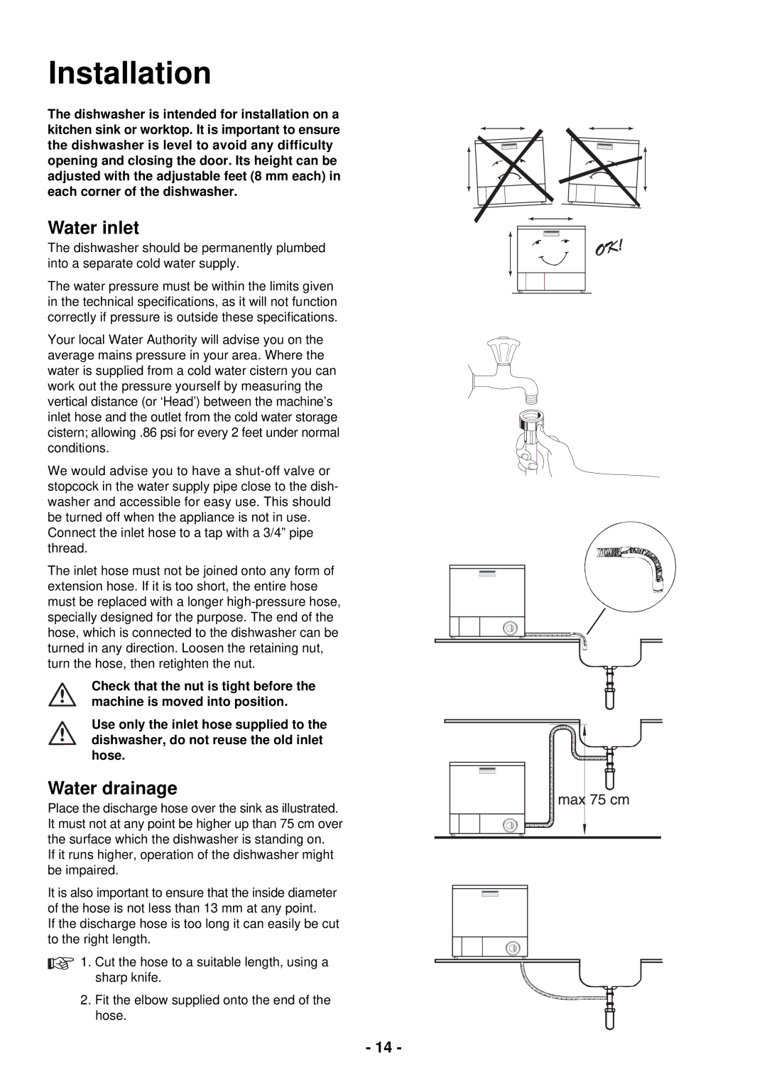 Tricity Bendix BDW 10 manual Installation, Water inlet, Water drainage 