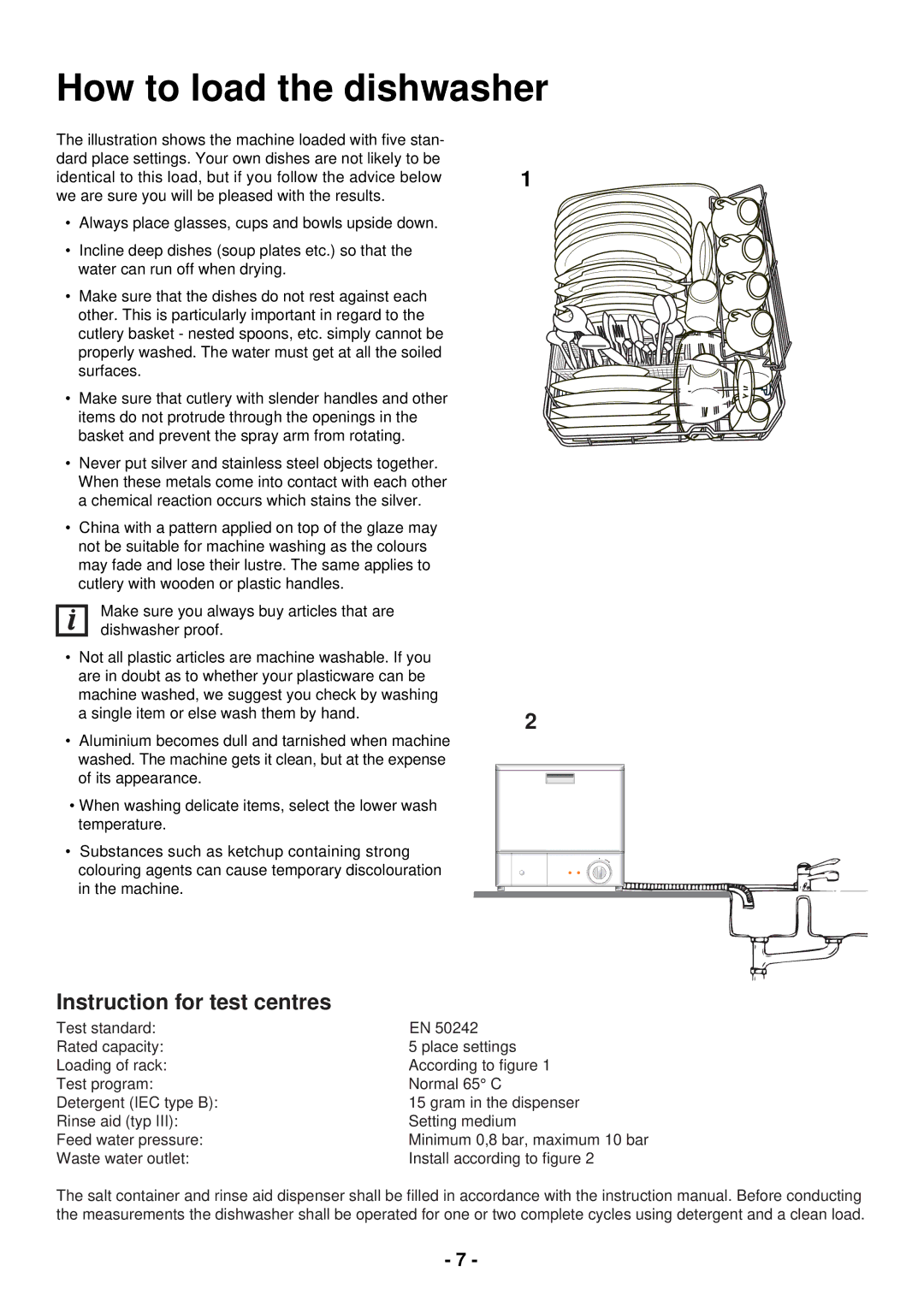 Tricity Bendix BDW 10 manual How to load the dishwasher, Instruction for test centres 