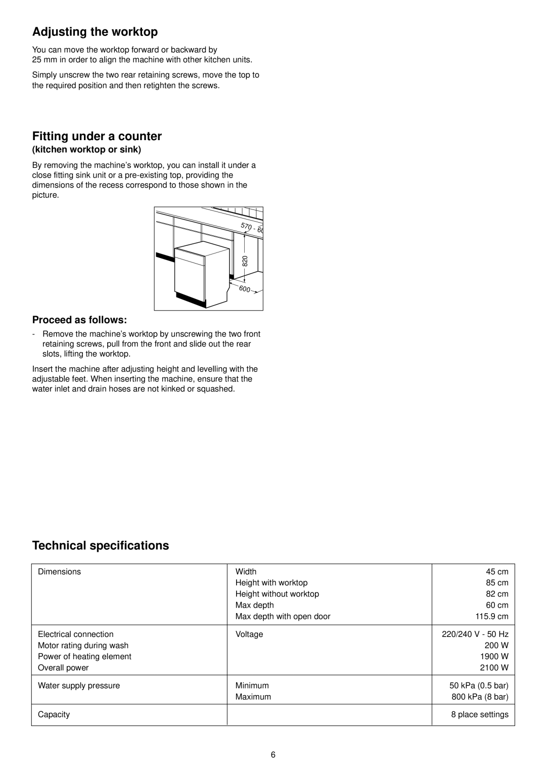 Tricity Bendix BDW 45 manual Adjusting the worktop, Fitting under a counter, Technical specifications 