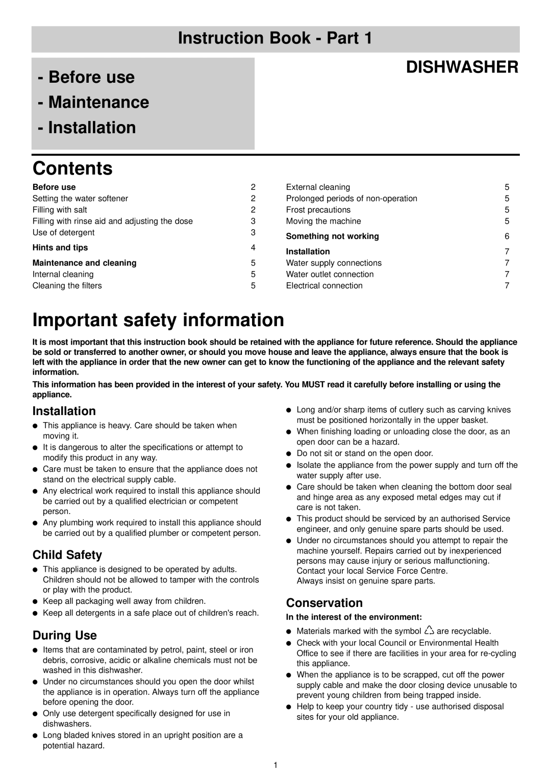 Tricity Bendix BDW 45 manual Contents, Important safety information 