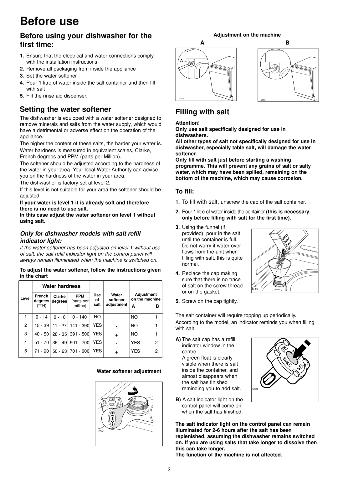 Tricity Bendix BDW 45 manual Before use, Setting the water softener, Filling with salt, To fill 