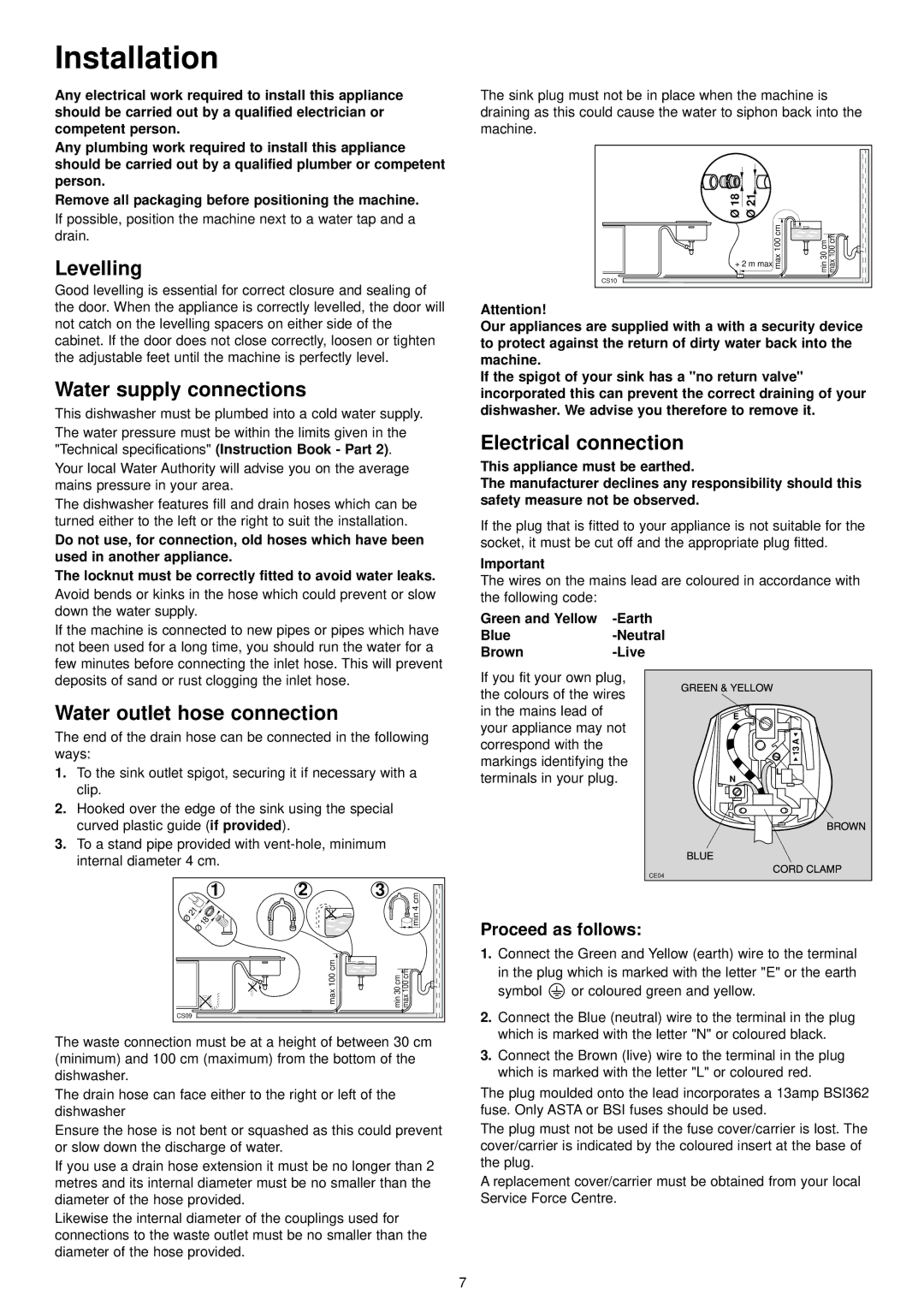 Tricity Bendix BDW 45 manual Installation, Levelling, Water supply connections, Water outlet hose connection 