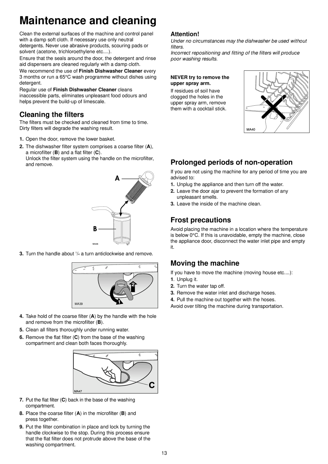 Tricity Bendix BDW 46 manual Maintenance and cleaning, Cleaning the filters, Prolonged periods of non-operation 