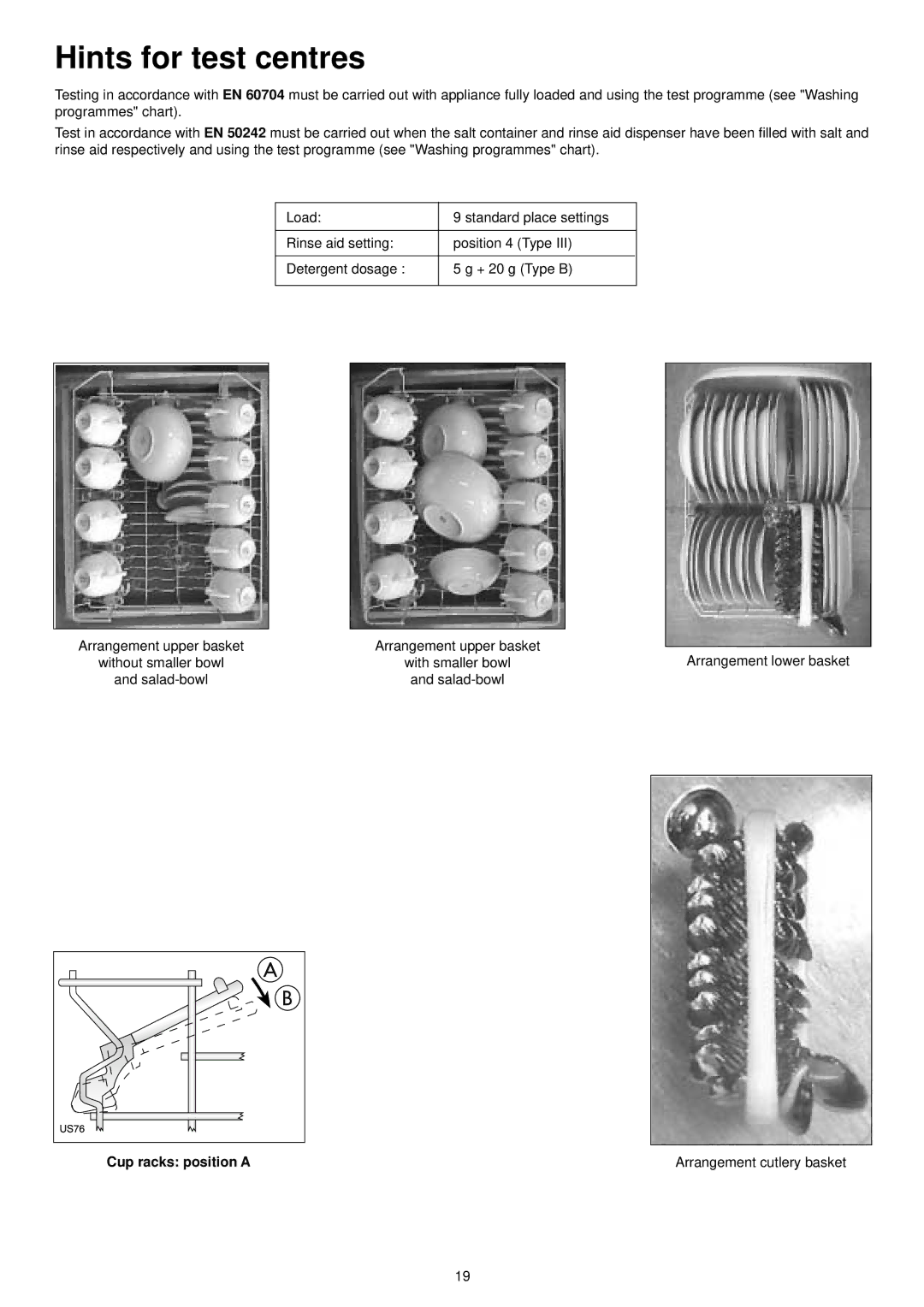 Tricity Bendix BDW 46 manual Hints for test centres, Cup racks position a 