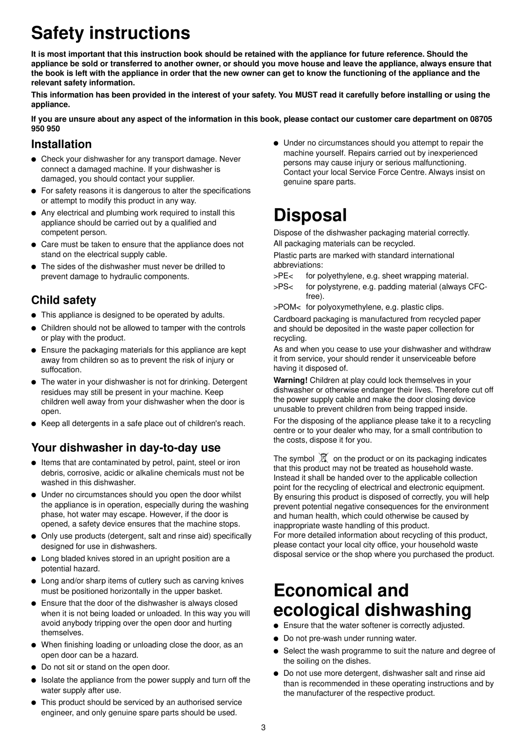 Tricity Bendix BDW 46 manual Safety instructions, Disposal, Installation, Child safety, Your dishwasher in day-to-day use 