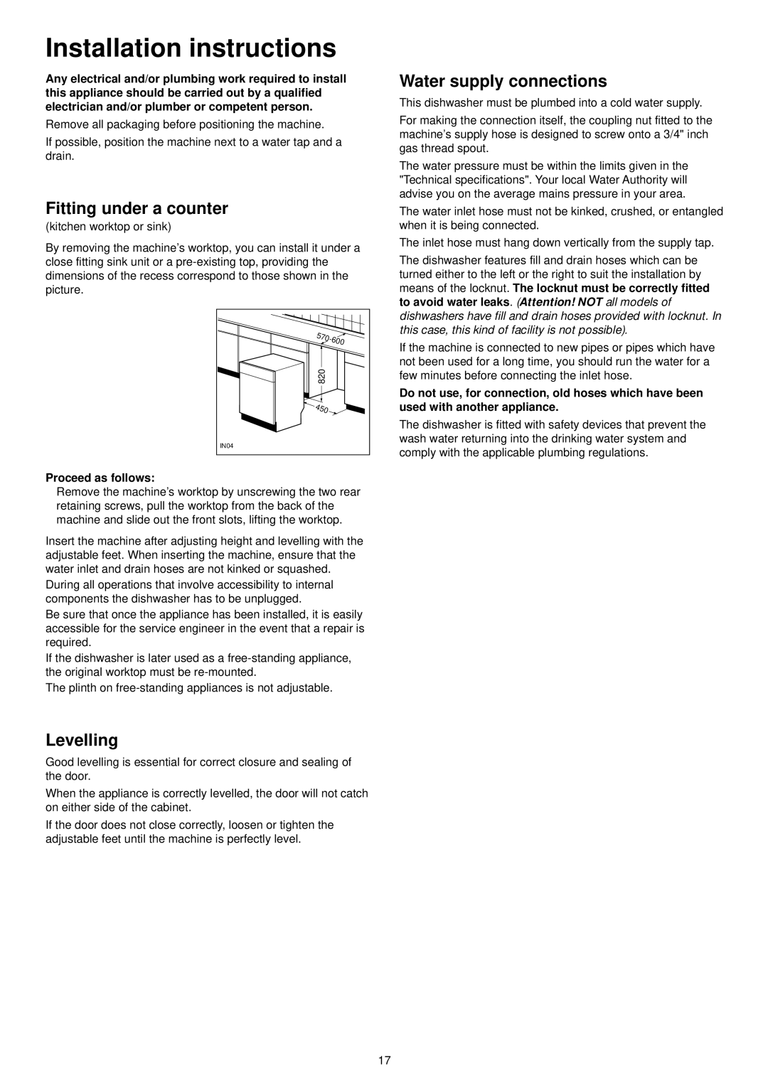 Tricity Bendix BDW 46 manual Installation instructions, Fitting under a counter, Levelling, Water supply connections 