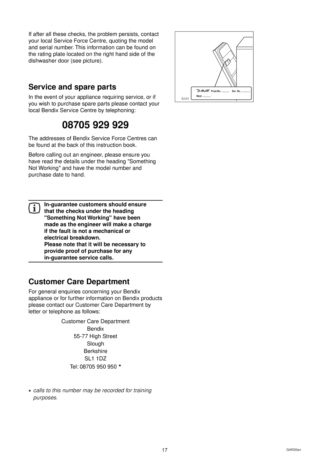 Tricity Bendix BDW 52 installation instructions Service and spare parts, Customer Care Department 