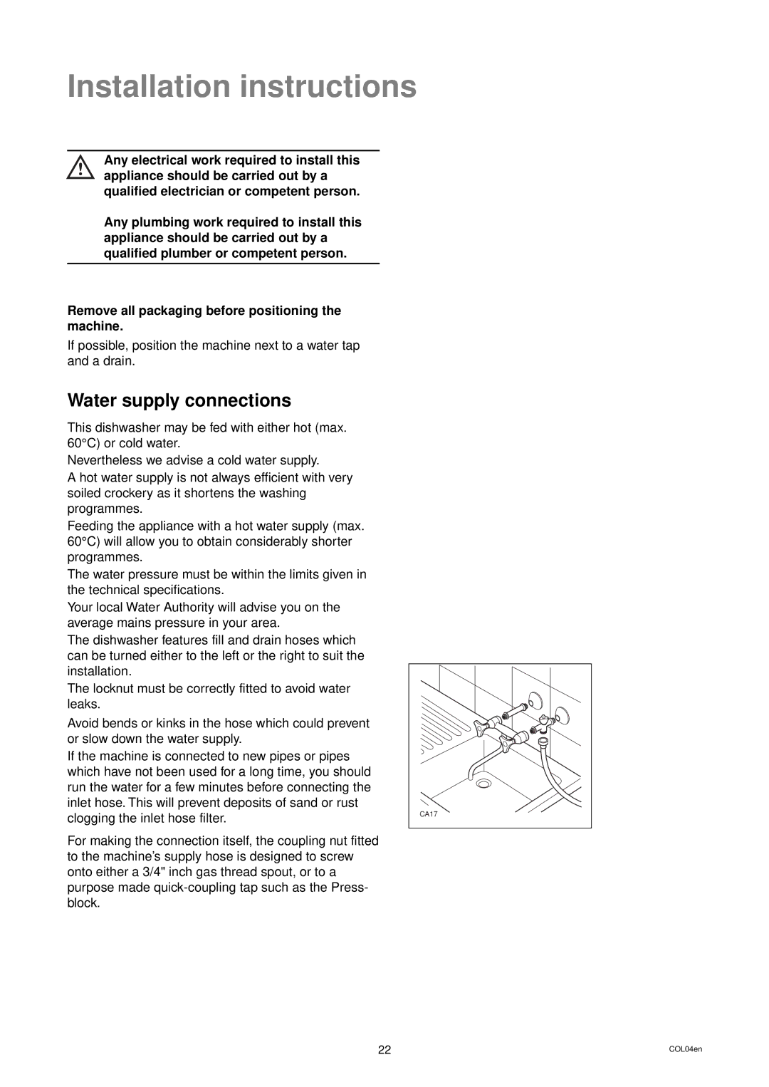 Tricity Bendix BDW 52 installation instructions Installation instructions, Water supply connections 