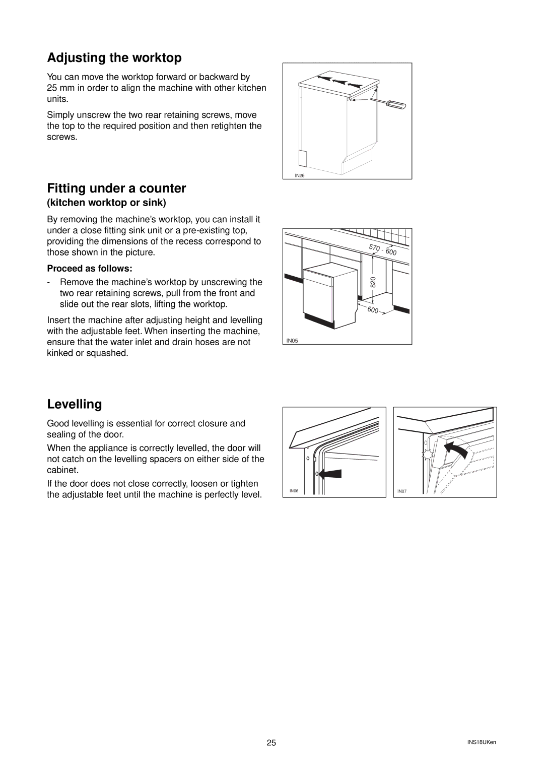 Tricity Bendix BDW 52 installation instructions Adjusting the worktop, Fitting under a counter, Levelling 