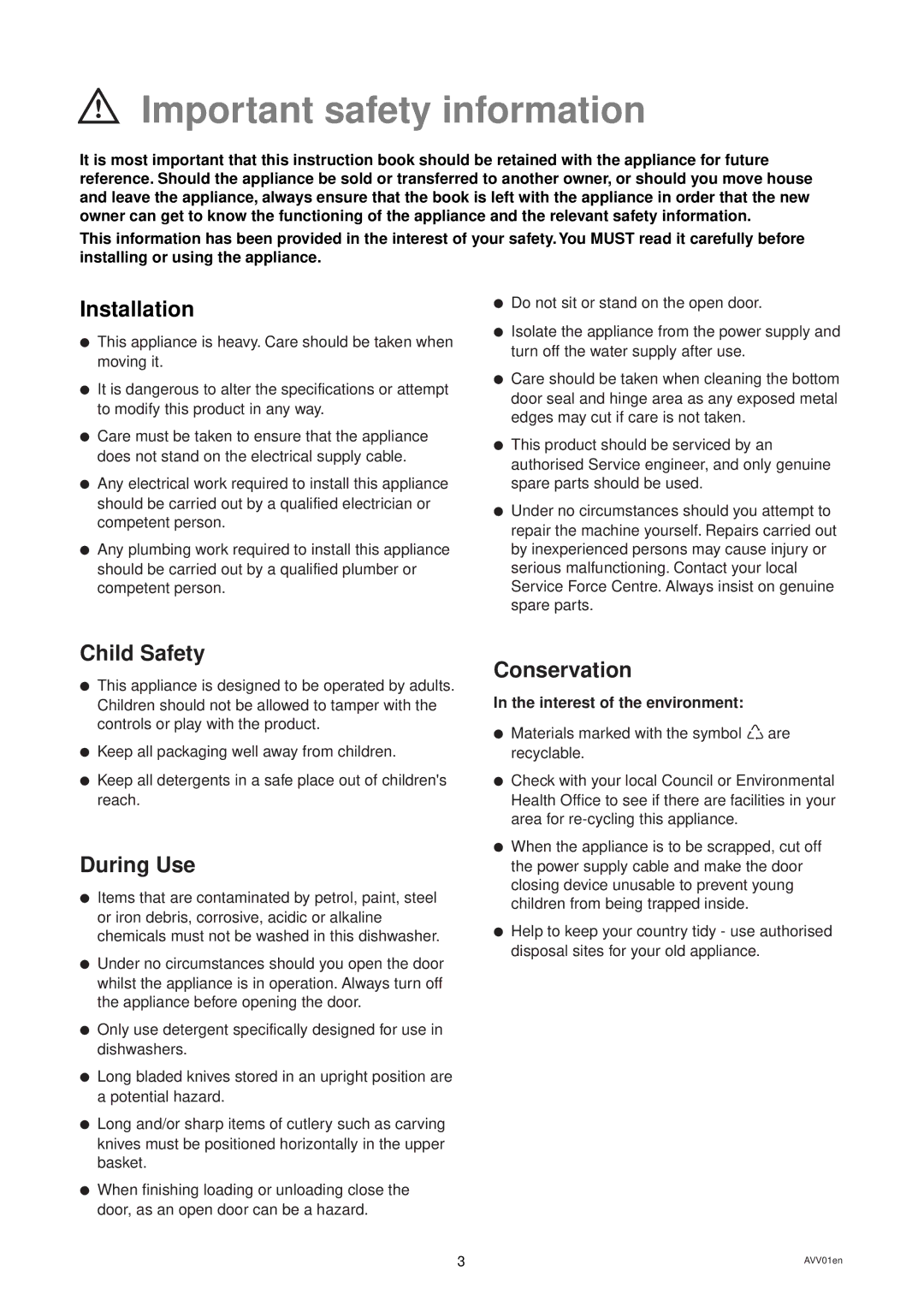 Tricity Bendix BDW 52 Important safety information, Installation, Child Safety, During Use, Conservation 