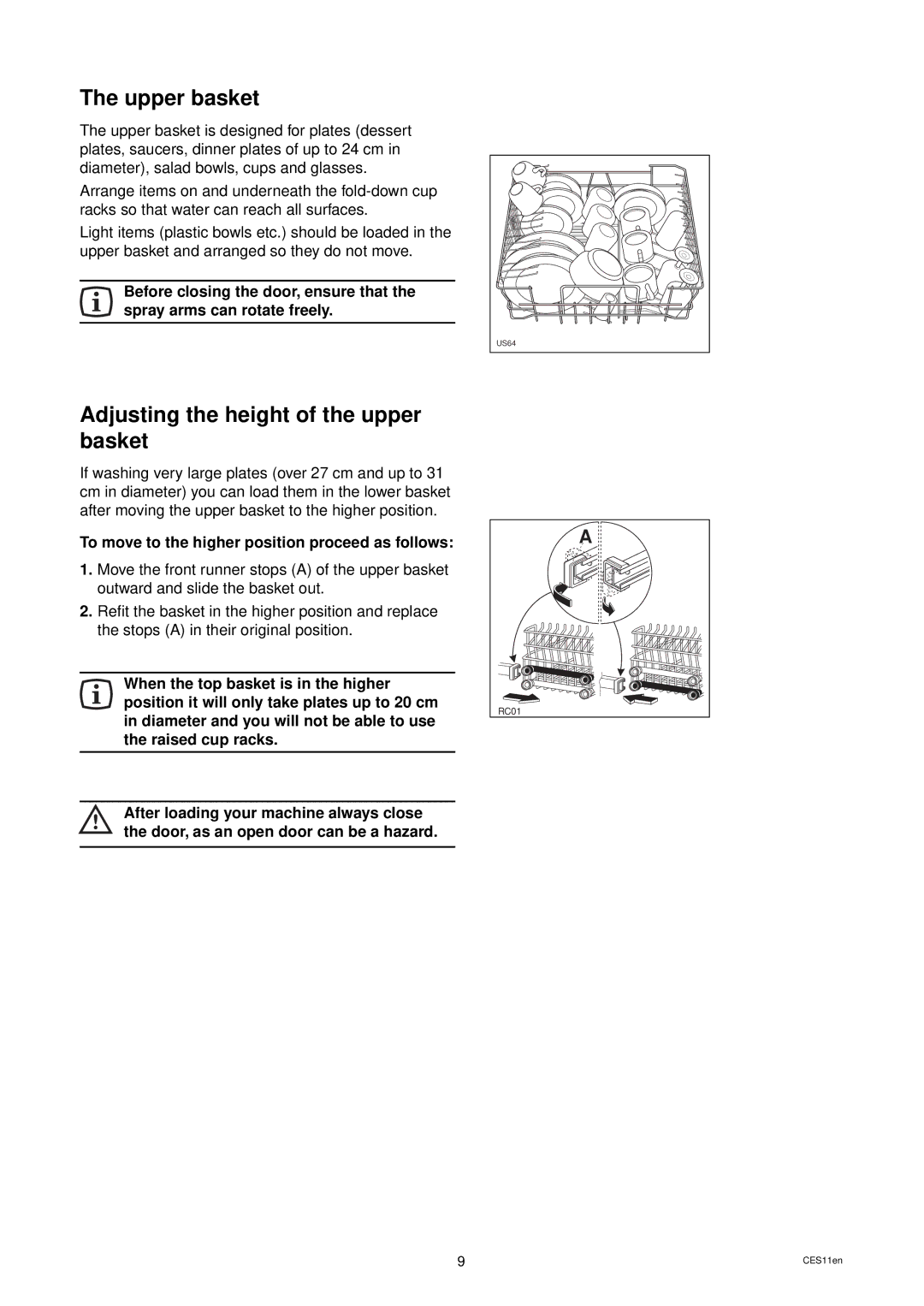 Tricity Bendix BDW 52 installation instructions Upper basket, Adjusting the height of the upper basket 